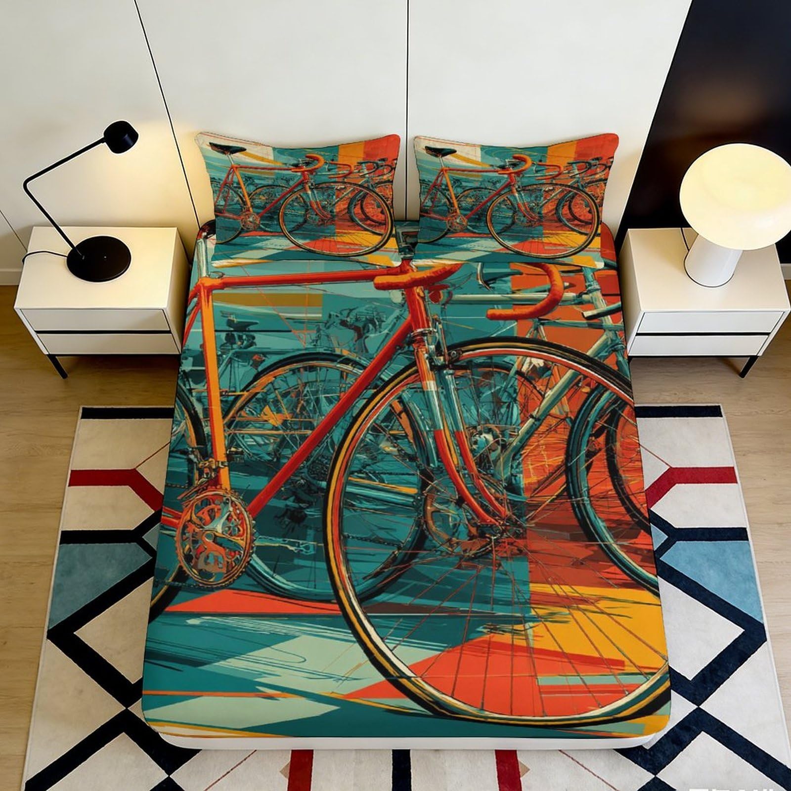 Vivid bicycle pattern 3D Printed Fitted Sheet, Microfiber soft touch, wrinkle resistant, stylish room accent, apartment bedding for bedroom decor 90x200x25cm