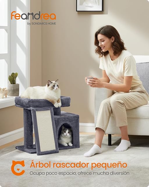 Foto 2 de 6 de Feandrea Árbol para Gatos Pequeño, Torre con Casita, Rampa Rascadora, Gran Plataforma, Cueva, Alto 44,6 cm