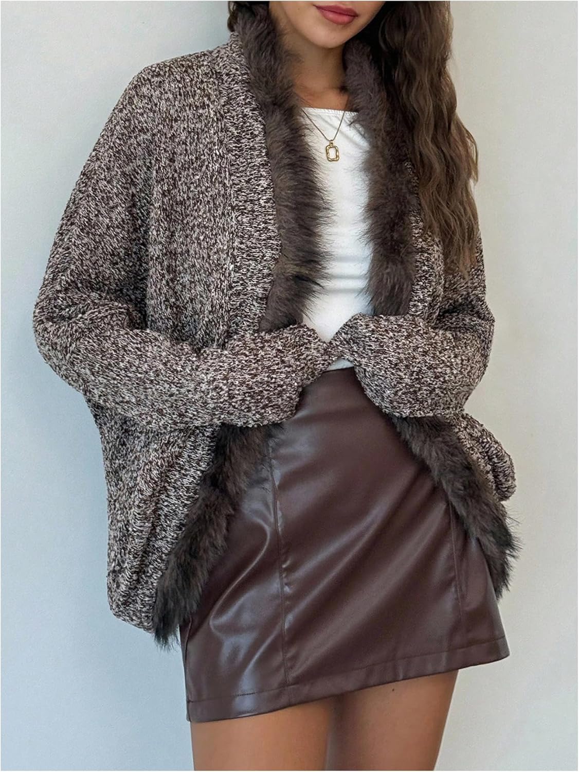 MakeMeChic Women's Contrast Faux Fur Cardigan Sweater Long Sleeve Open Front Retro Knitted Outerwear - Image 2