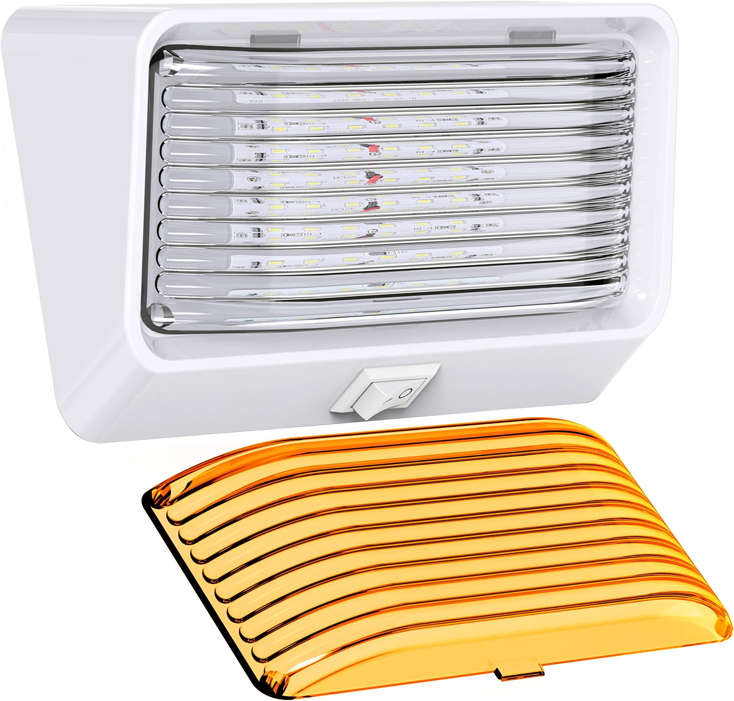 Leisure LED RV Exterior Porch Utility Light with Switch - 12v 280 Lumen Lighting Fixture. Replacement Lighting for RVs, Trailers, Campers, 5th Wheels. White Base, Clear and Amber Lens (White, 1-Pack)