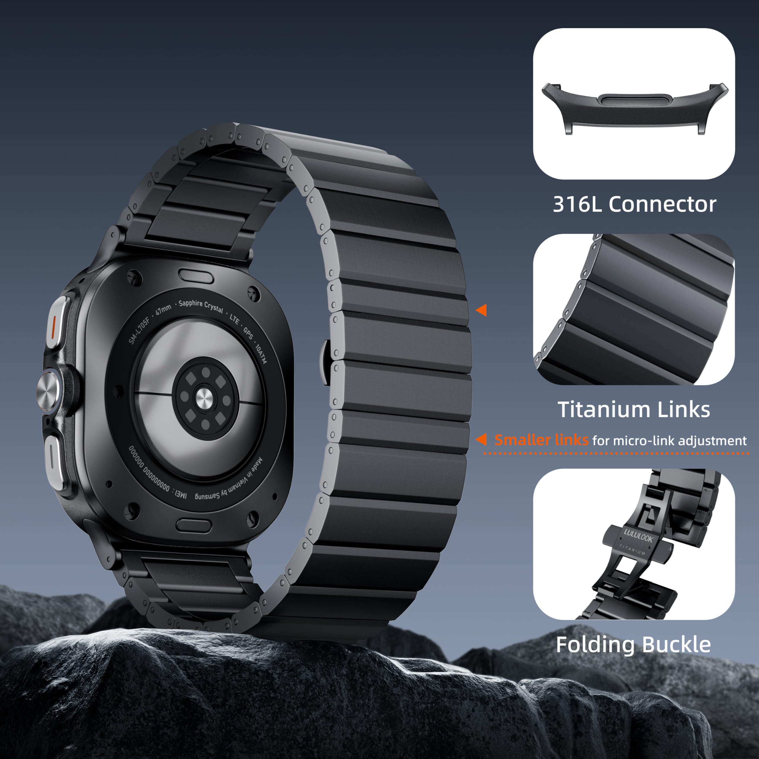LULULOOK Tytanowy pasek do zegarka Samsung Galaxy Watch Ultra 7 47 mm (2025/2024), podwójny tytan, z DLC, odporny na zarysowania, szerokość 24 mm, do Galaxy Watch Ultra, czarny