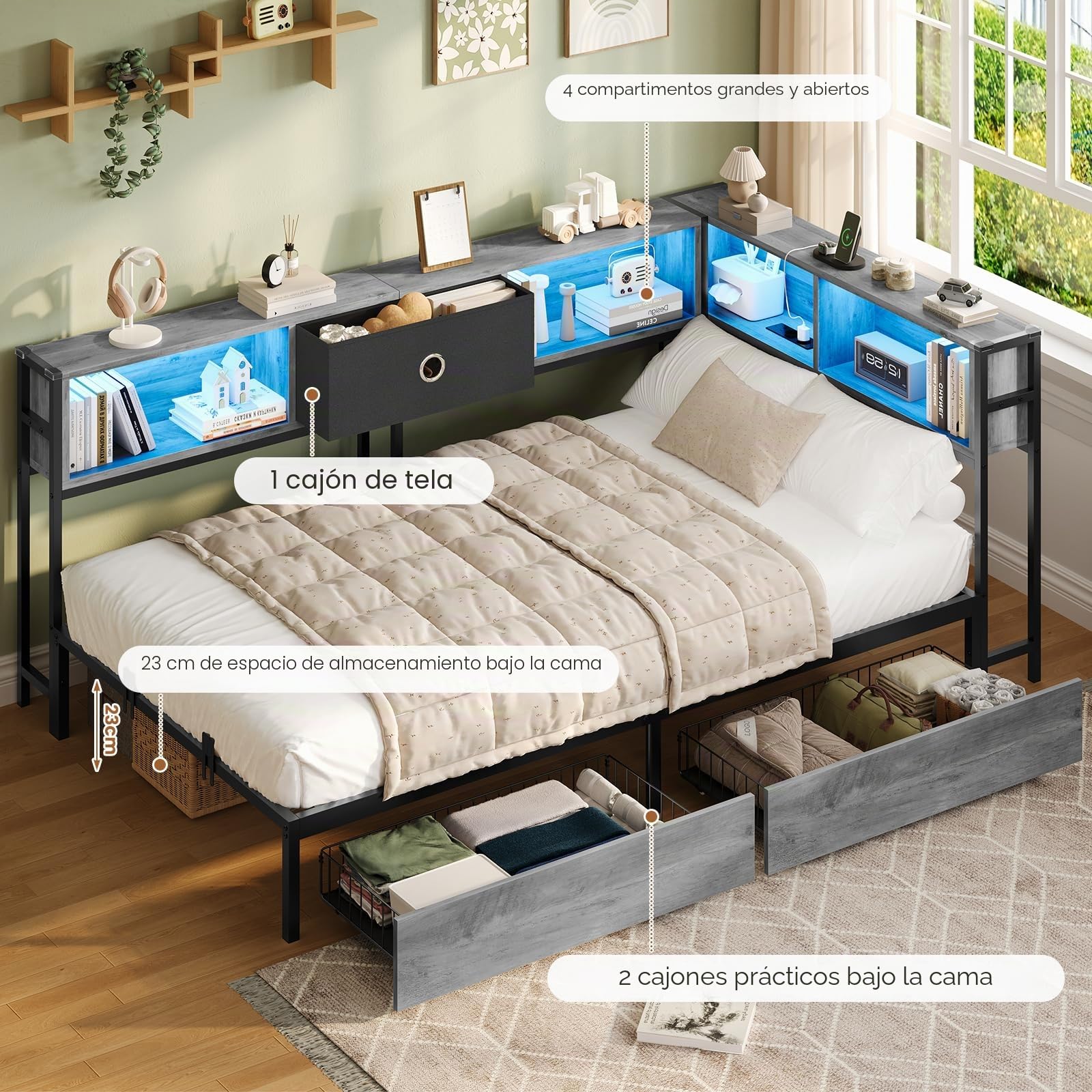 DICTAC Cama juvenil 90x200 con iluminación LED y estación de carga, cama 90 x 200 con espacio de almacenamiento - 5 compartimentos y 2 cajones, cama de día individual 90x200 con somier de metal, cama