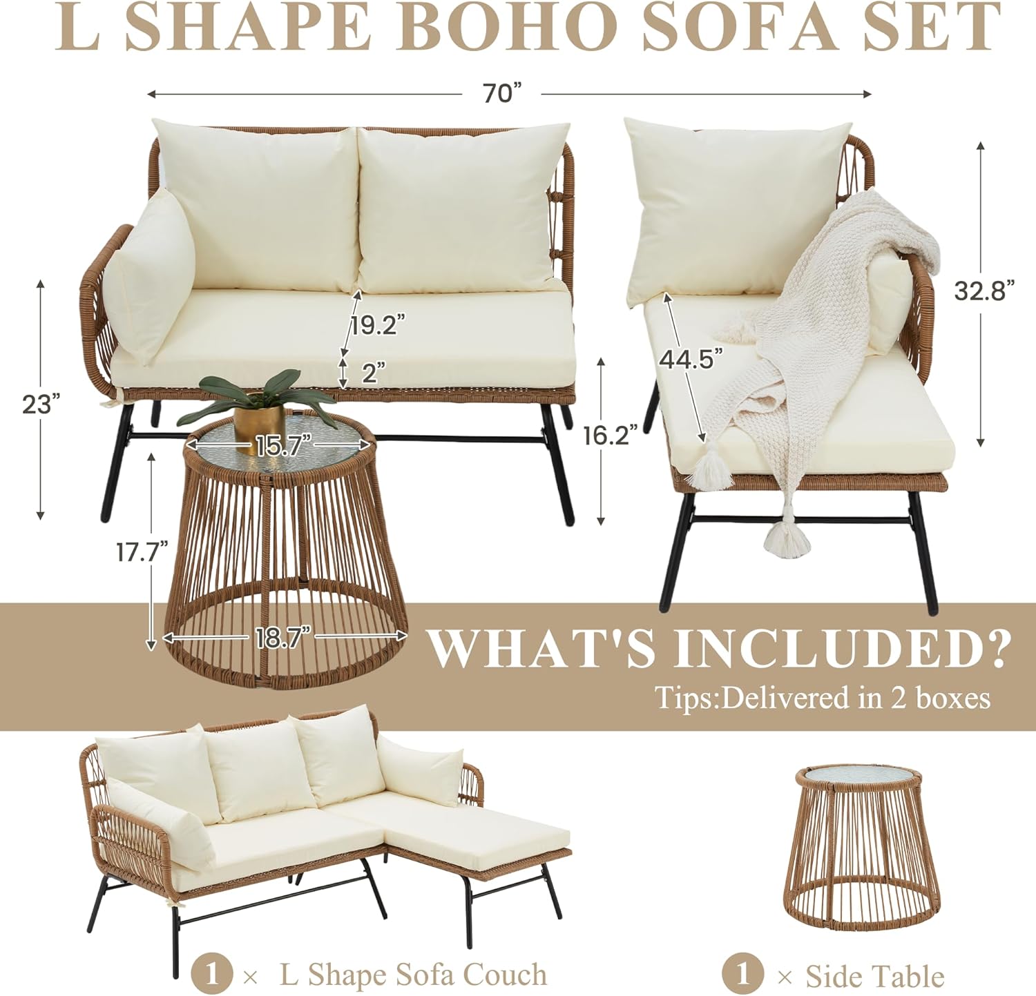 Bezseller 3-Piece Outdoor Patio Furniture Set, L-Shaped Rattan Sectional Sofa with Thick Cushions, Glass Coffee Table – All-Weather Conversation Set for Backyard, Porch, Poolside