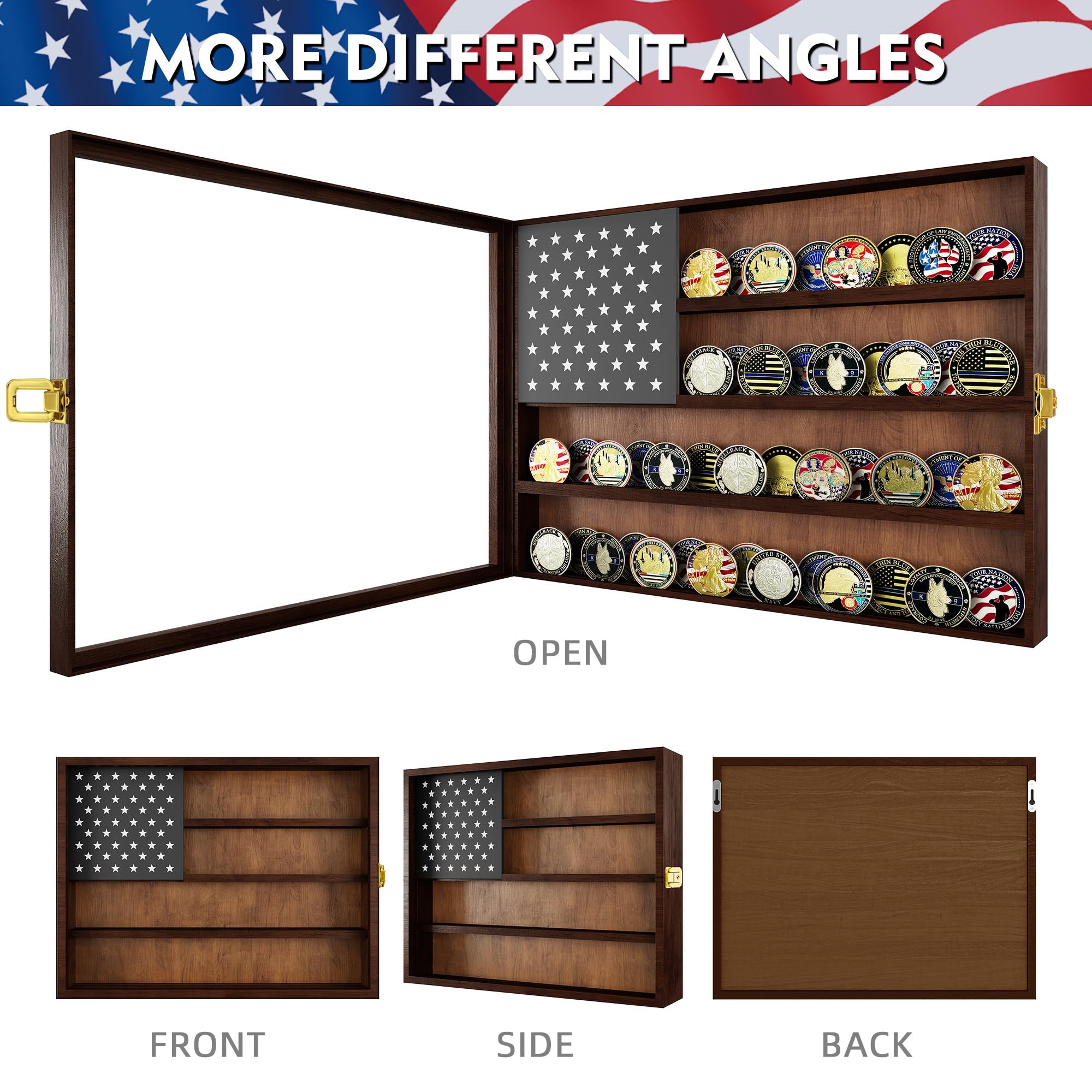 Military Challenge - Vitrina de monedas de 16 x 12 pulgadas, caja de madera con puerta acrílica UHD antipolvo y cerradura antirrobo dorada y soporte de pared, regalo para coleccionistas (marrón carbón