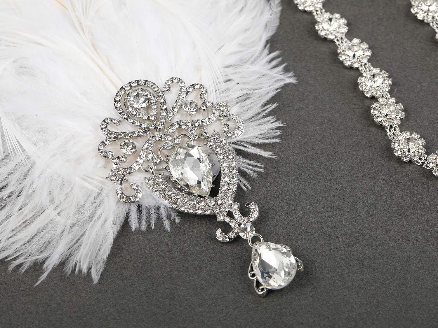 SWEETV 1920s Feather Headpiece Ivory, Womens Ostrich Feather Crystal Headband, Great Gatsby Hair Accessories for Women, Ribbon Tie - Image 7