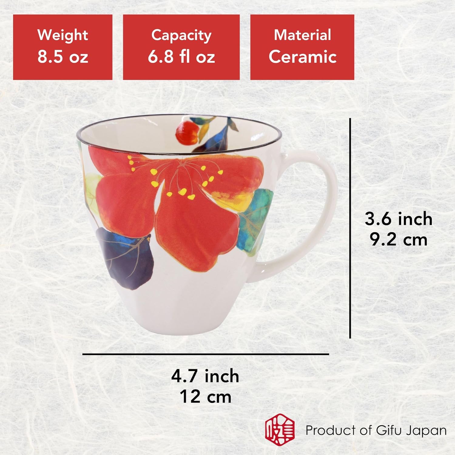 Mino Ware Japanese Coffee Mug, 6.8 floz Set of 2, Ceramic Coffee Mug, Cute Coffee Mugs, Red Sasanqua, White Magnolia