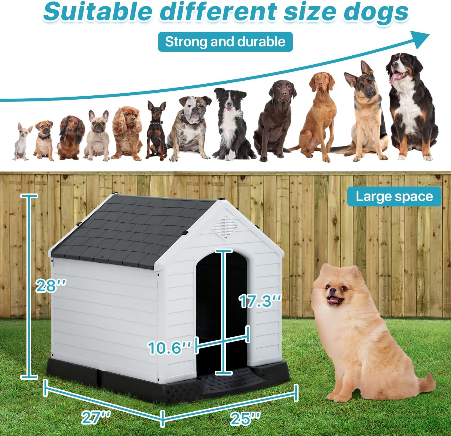 Dog House Indoor Outdoor Waterproof Ventilated Plastic Dog House Pet Shelter Cage with Ventilation and Elevated Flooring, Suitable for Small Medium and Large Dogs, Easy to Assemble, Grey