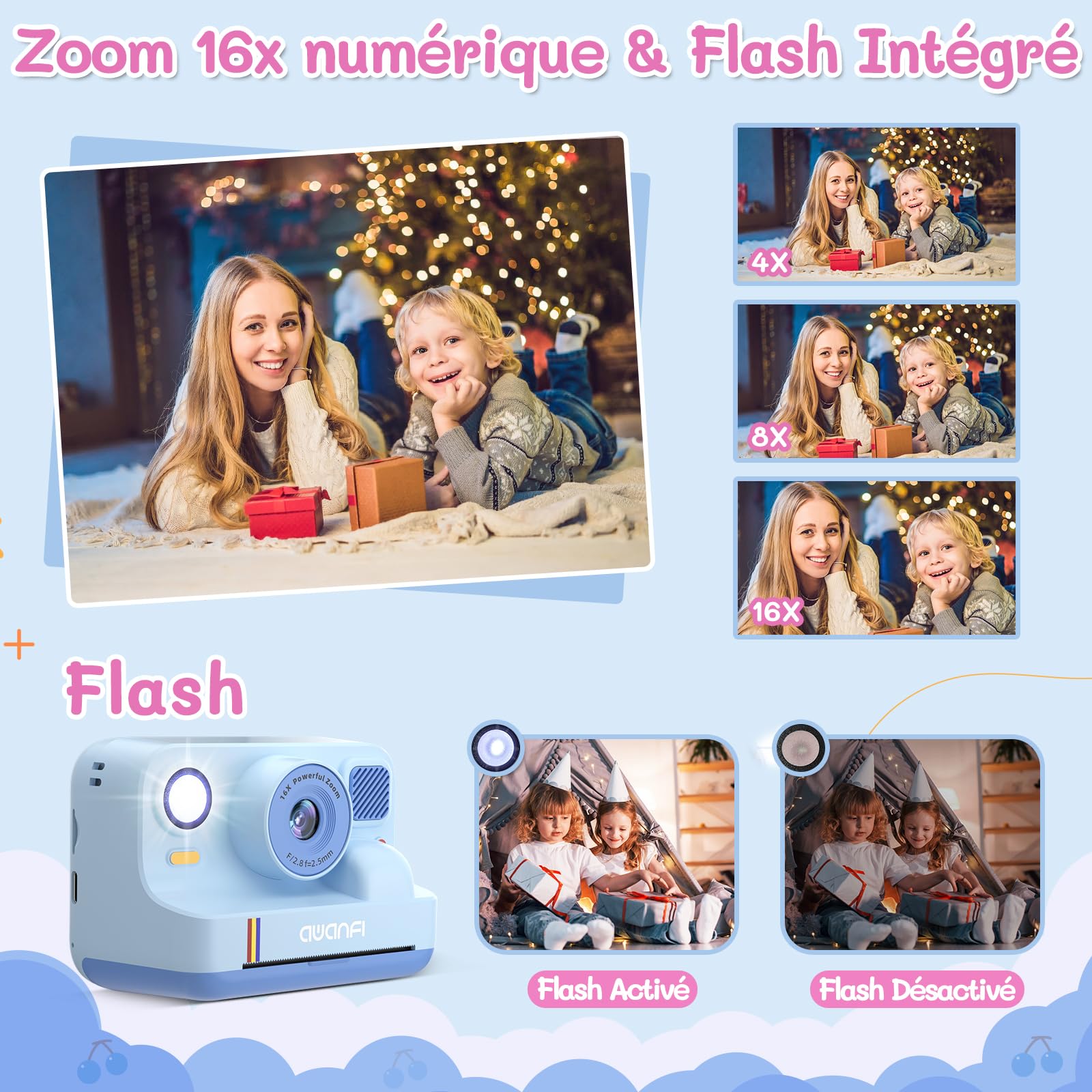 Appareil Photo Instantané Enfant Cadeau Jouet Fille Garçon 3-12 Ans, AWANFI Caméra Numérique Vidéo 1080P Carte 32GB avec 3 Rouleaux de Papier et Impression APP Bluetooth