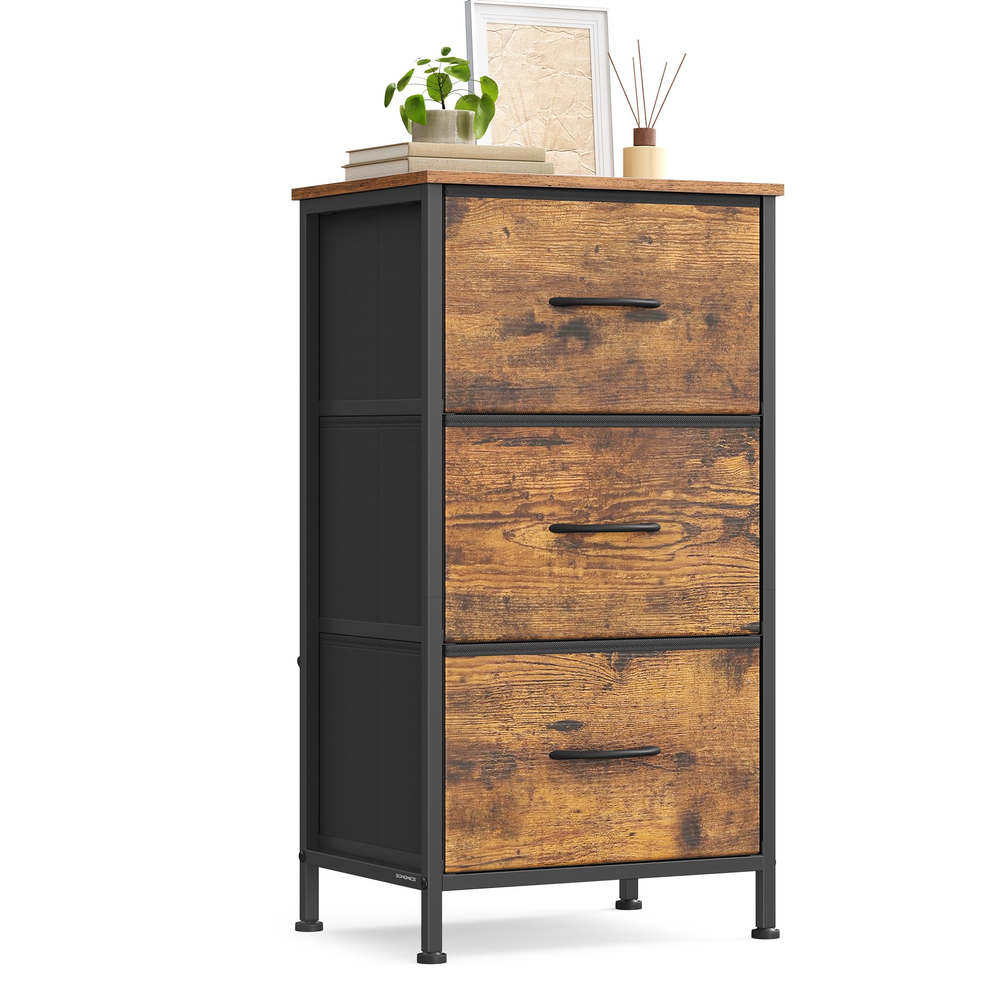SONGMICS Kommode, Schrank, 3 Stoffschubladen, Aufbewahrungsschrank, Stahl, MDF, Vliesstoff, für Schlafzimmer, Flur, Wohnzimmer, vintagebraun-tintenschwarz LGS313BH03