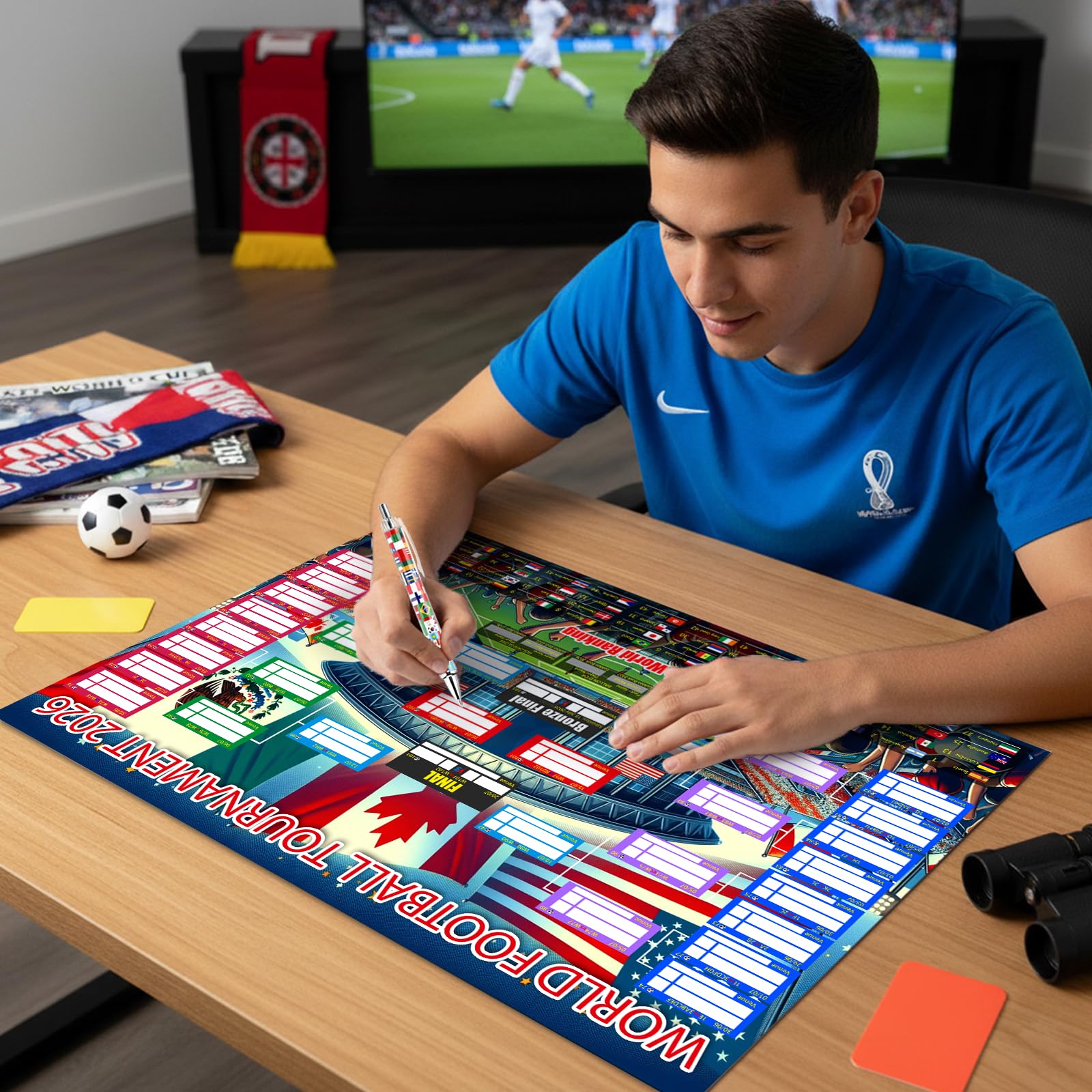 2PCS World Cup Football 2026 Interactive Foldable Poster 2026 World Cup Ball Competition Schedule Includes 8 Double Sided Adhesive Rings And A Flag-Themed Ballpoint Pen Fan Gifts Bar Display 87x58cm - 4