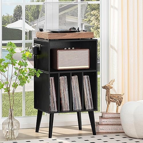 Miniatura 6 de Lerliuo Soporte para tocadiscos con estación de carga, soporte giratorio negro con capacidad para hasta 160 álbumes, mesa de gabinete de
