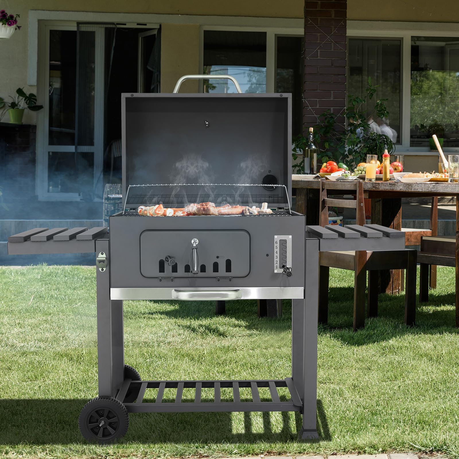 TLSUNNY Barbecue a carbonella XXL con ruote, barbecue a carbonella con coperchio, barbecue a pavimento, affumicatore, grande capacità, 152 x 136 x 60 cm, grigio