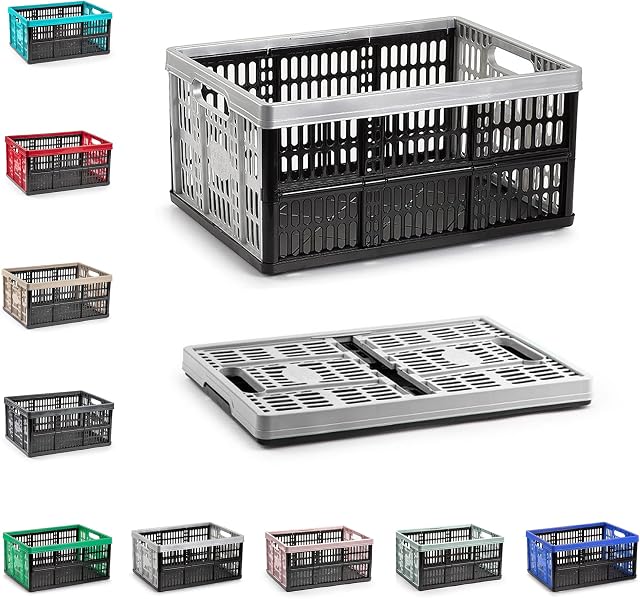 32L Multi-Purpose Strong Folding Collapsible Plastic Storage Boxes Crates Portable Stackable Container Basket for Home Office Garage Tools, Soft-Touch Handles (Black & Silver)