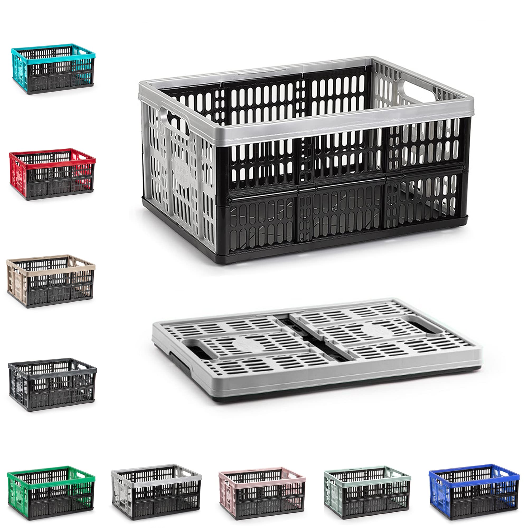 Plastific Black & Silver 32L Collapsible Storage Box Foldable Crate With Handles Stackable