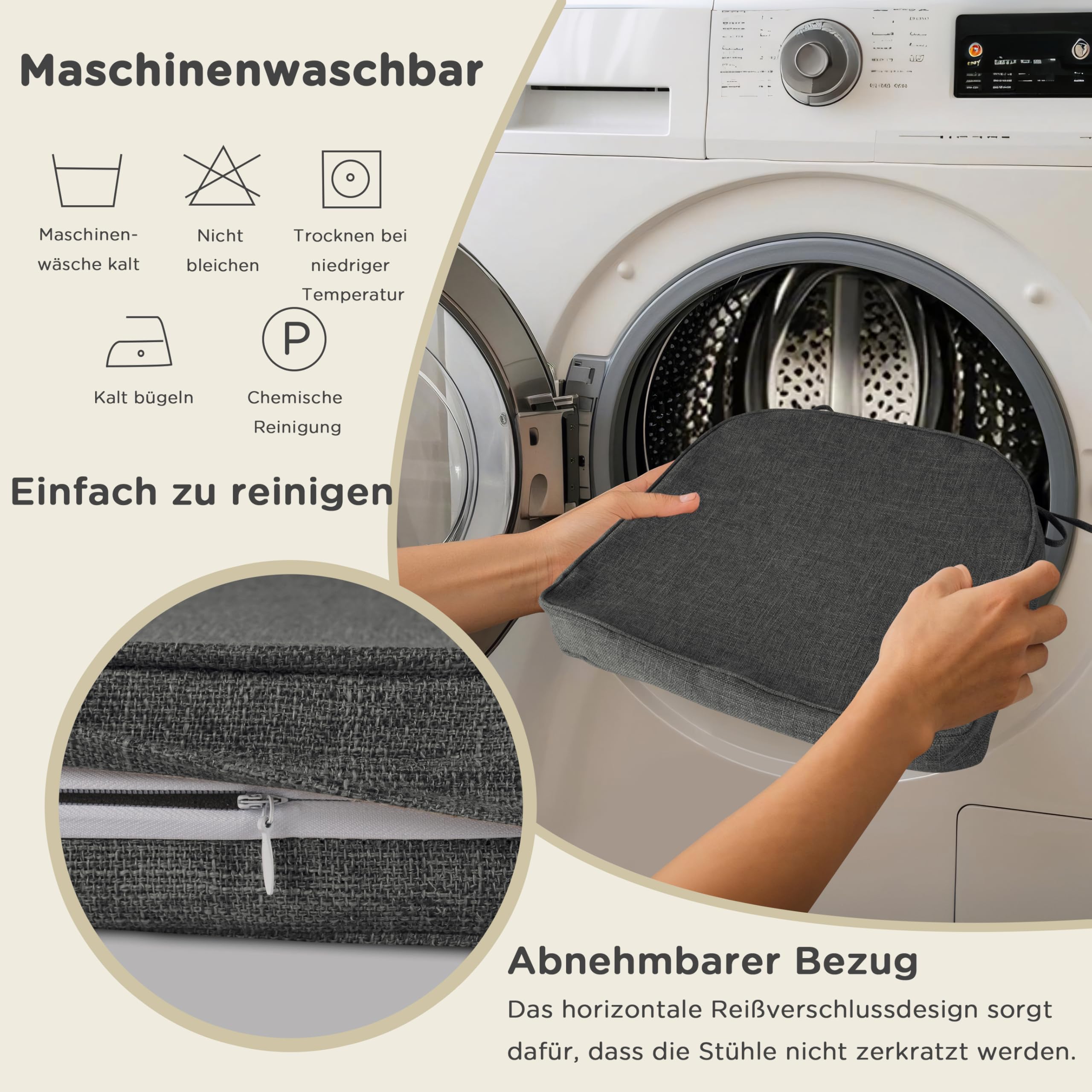 AddGrace rutschfeste Esszimmerstuhl-Kissen 4er-Pack 42.5x40.5cm Dunkelgrau | Schaumstoffstütze, mit Bändern, waschbarer Bezug, D-förmiges Kissen passt für die meisten Küchen-Esszimmerstühle, bequem