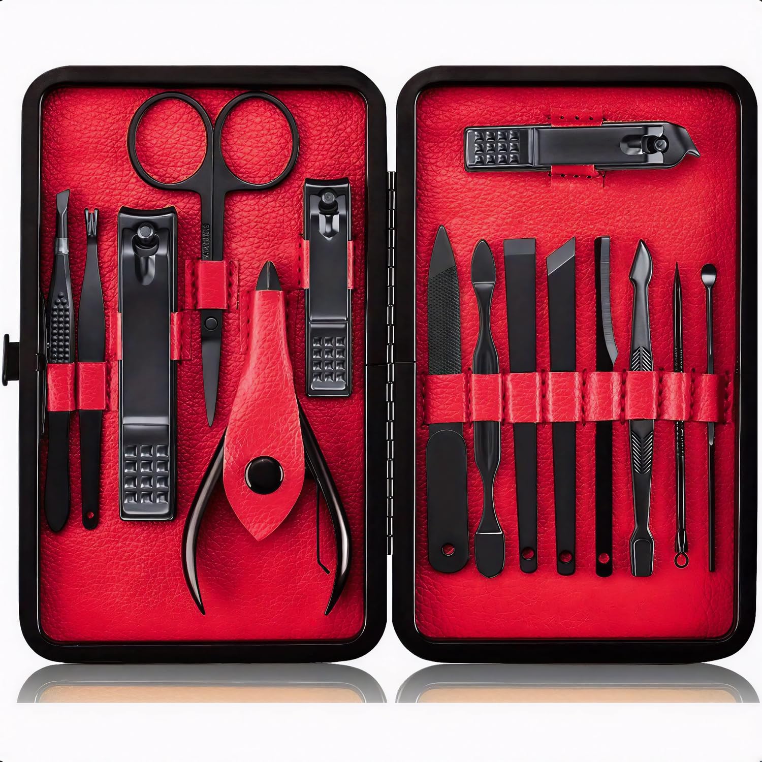 Premium Nail Cutter Set 12-in-1 & Manicure Pedicure Kit for Men & Women | Nail Care Kit, Pedicure Set, Grooming Kit, Nail Tools, Nail Clipper Set, Nail Kit Manicure with Case (Red)