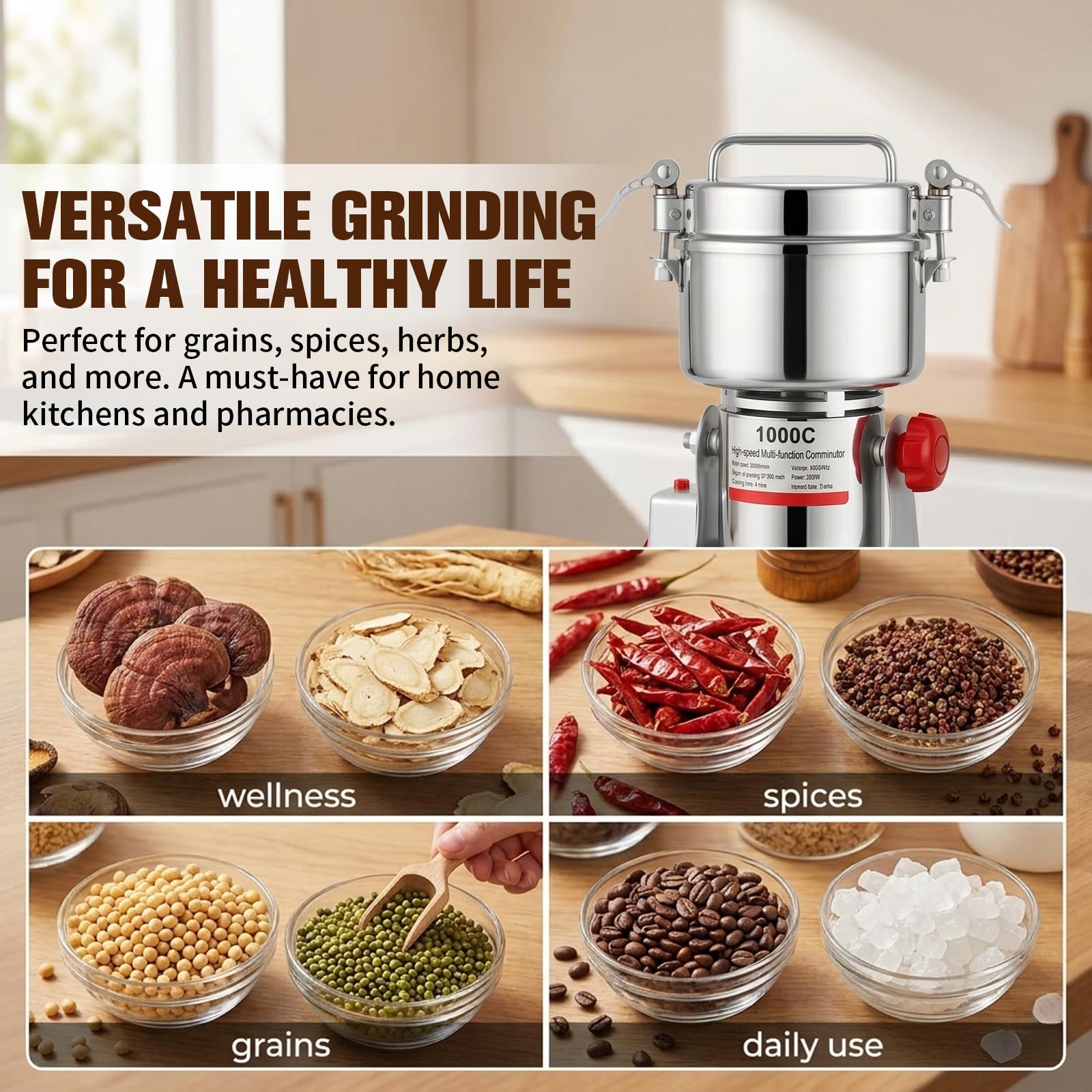 Tragbare Getreidemühle 220 V, 1000g Elektrische Getreidemühle, Superfein Edelstahl Mühle, Hochgeschwindigkeits-Gewürzmühle mit 3000 W, für Trockene Körner, Gewürze, Müsli, Kaffee, Kräuter, Pfeffer