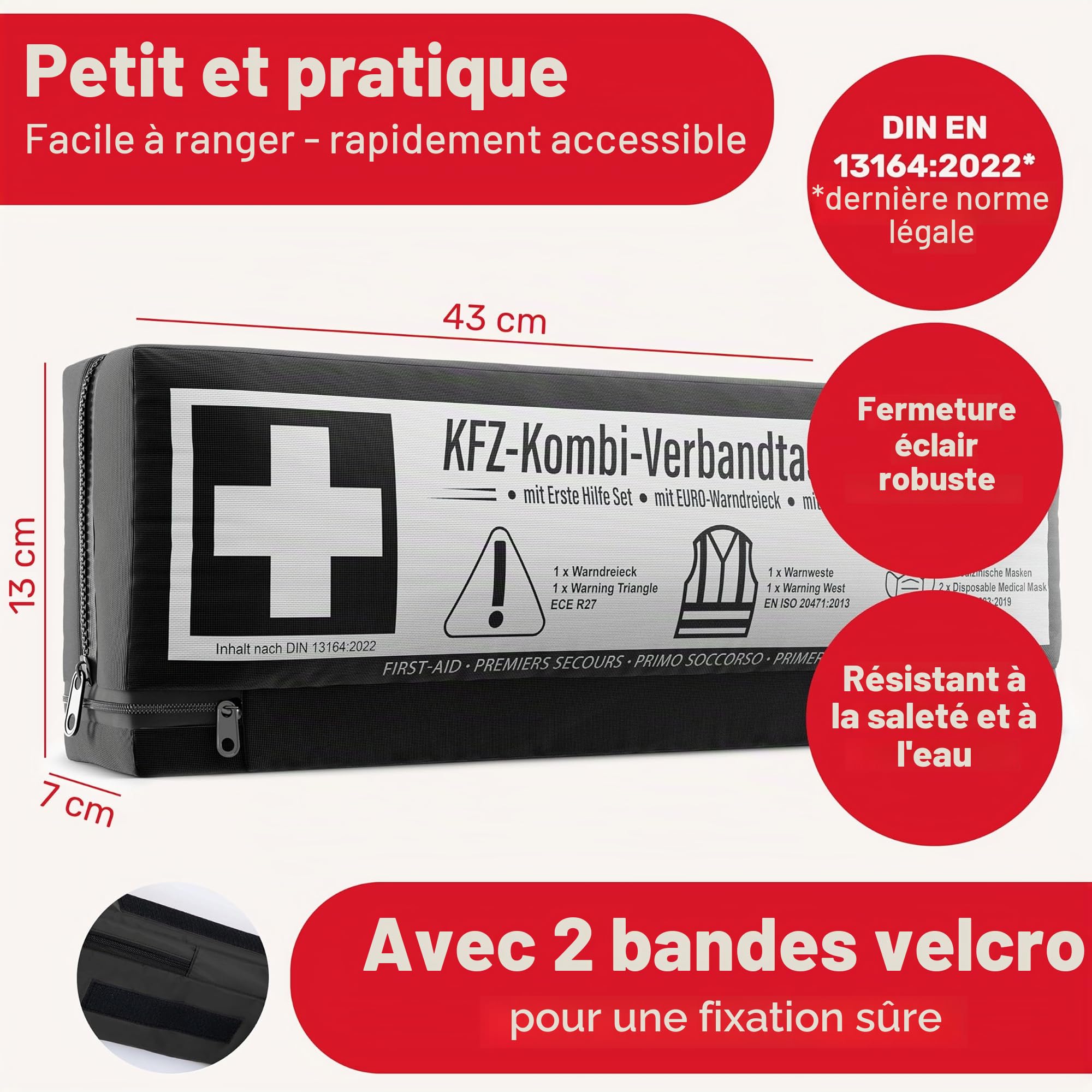 Sac combiné pour voiture (3 en 1) selon la norme actuelle 2026 – Avec triangle de signalisation, gilet de signalisation, boîte de premiers secours, triangle de signalisation, boîte de premiers secours