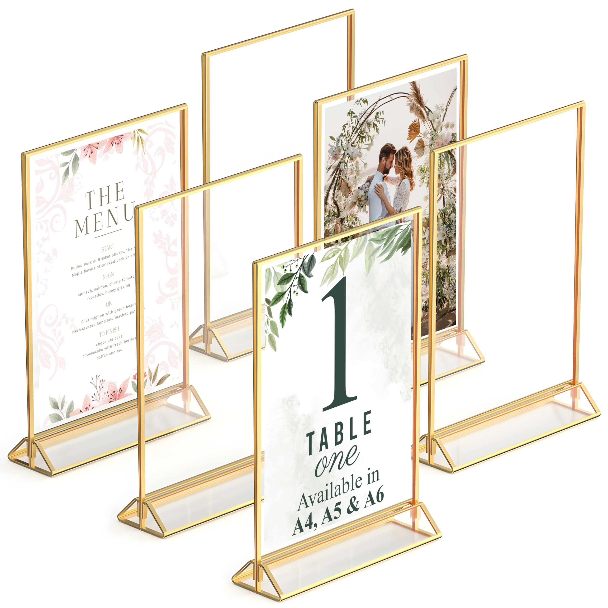Gold Picture Frames Double-Sided, 6-Pack A5 Acrylic Table Number Holders, Clear Easel Stands for Signs, Gold Frames for Wedding Table Numbers, Menu Holders, and Photo Displays for Events and Décor