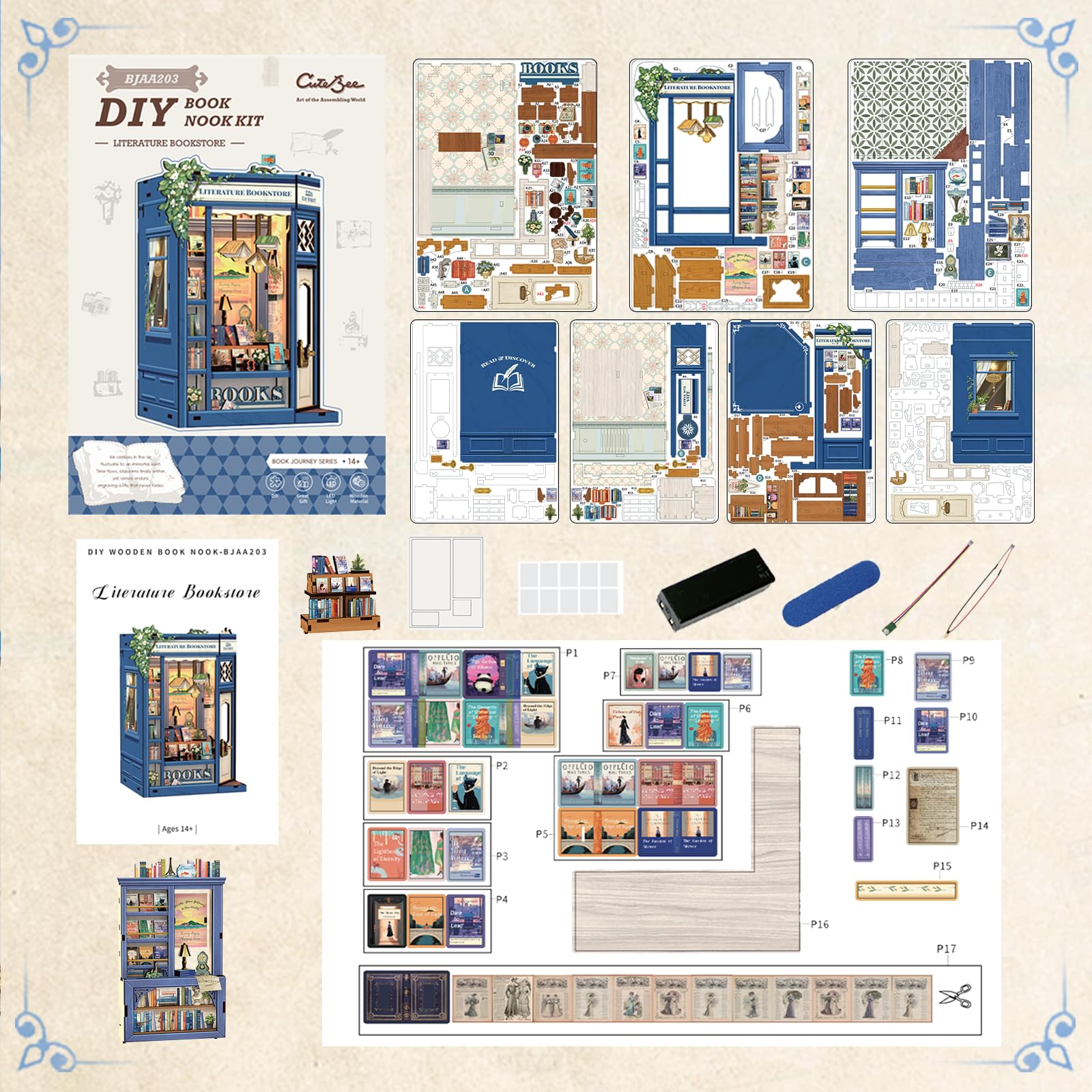CUTEBEE Book Nook Kit: Kit Miniatura Fai da Te per Adulti, Puzzle 3D in Legno, Decorazione Casetta/Libreria (Literature Bookstore)