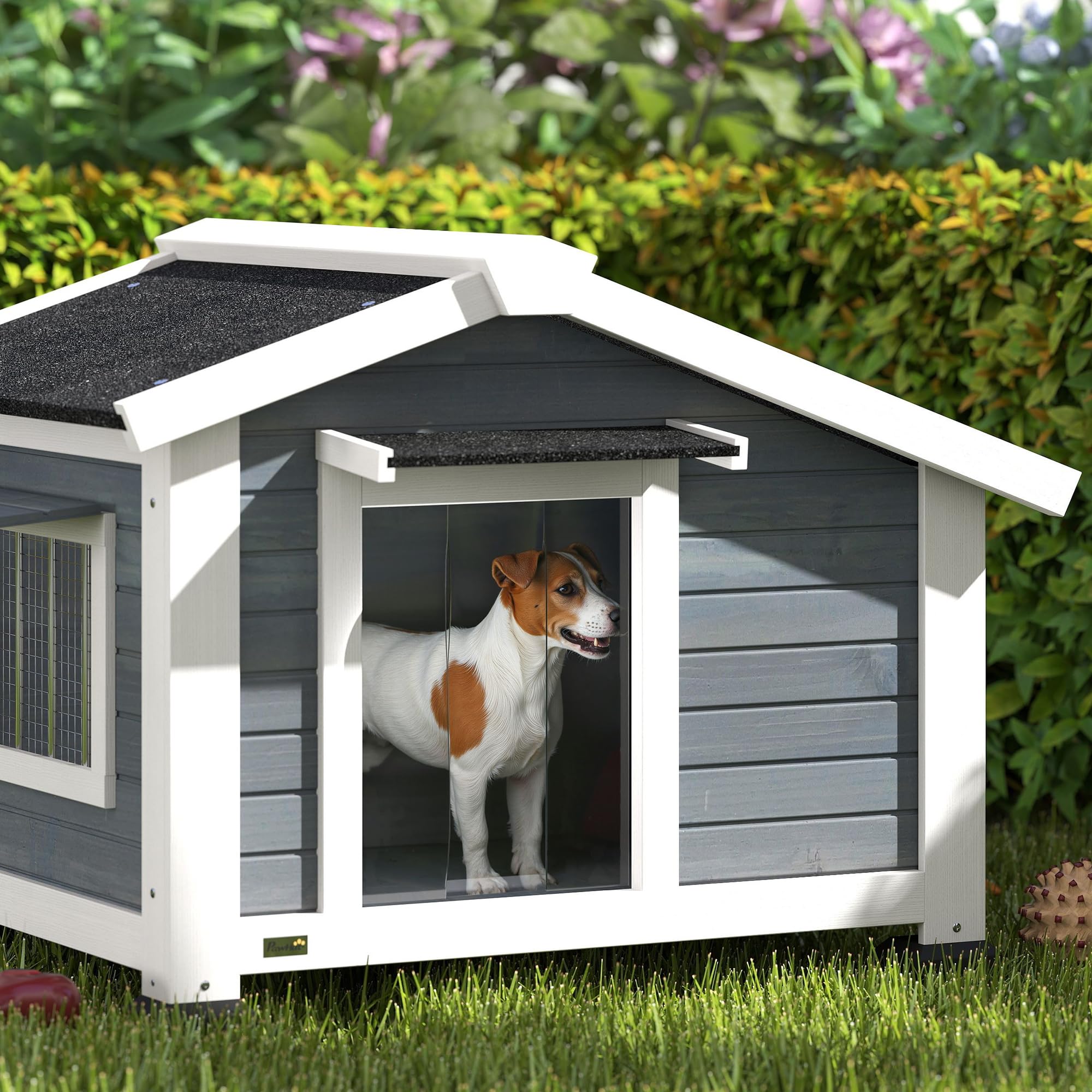 PawHut Hundehütte Wetterfest für Mittelgroße Hunde 98 x 76 x 69,5 cm Grau | Hundehaus aus Holz, Herausnehmbarer Boden, Asphaltdach, Öffnendes Fenster, Türvorhang, bis 20 kg, Indoor Outdoor