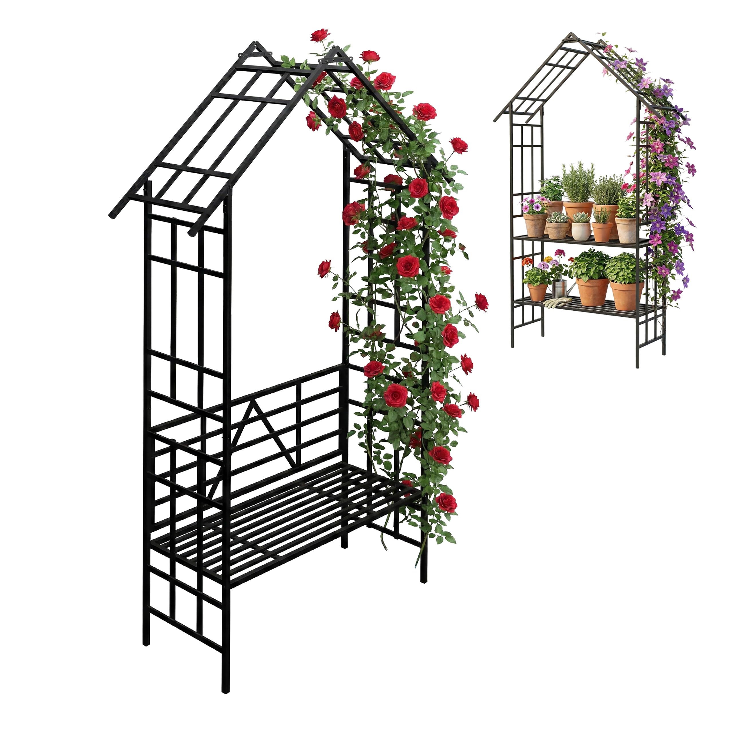 Arche à Roses Relaxdays, avec Banc ou jardinière, pour Jardin & entrée, H x L x P : 247 x 150 x 43 cm, métal, Noir