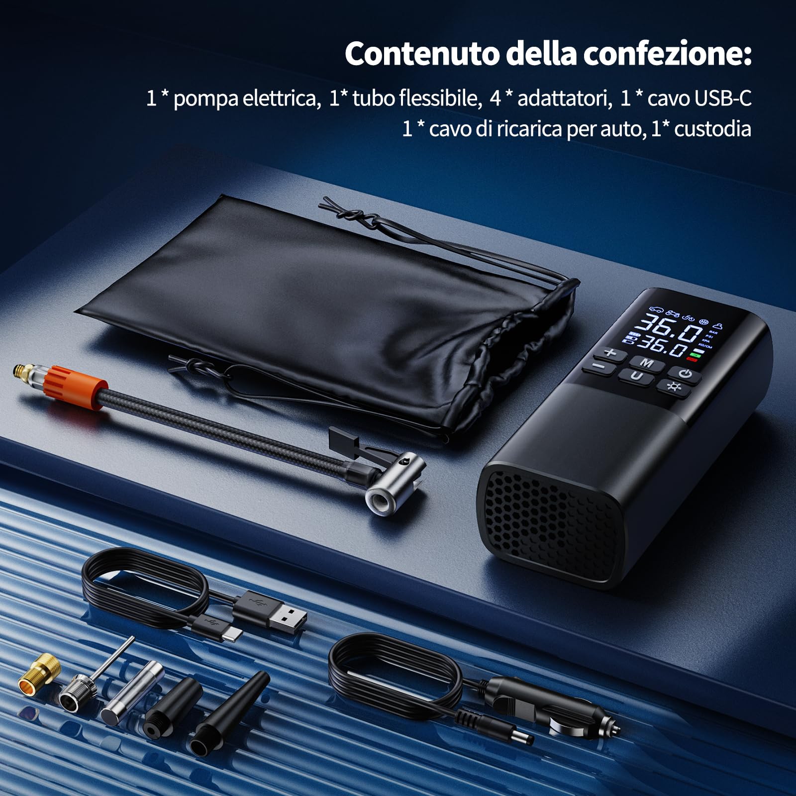 Pompa Elettrica per Bicicletta, Mini Compressore Bici con Display Digitale E Luce LED, Compressore Aria Portatile per Auto, Moto, MTB, Bicicletta E Palloni, Ricaricabile Tramite USB-C, USB-A