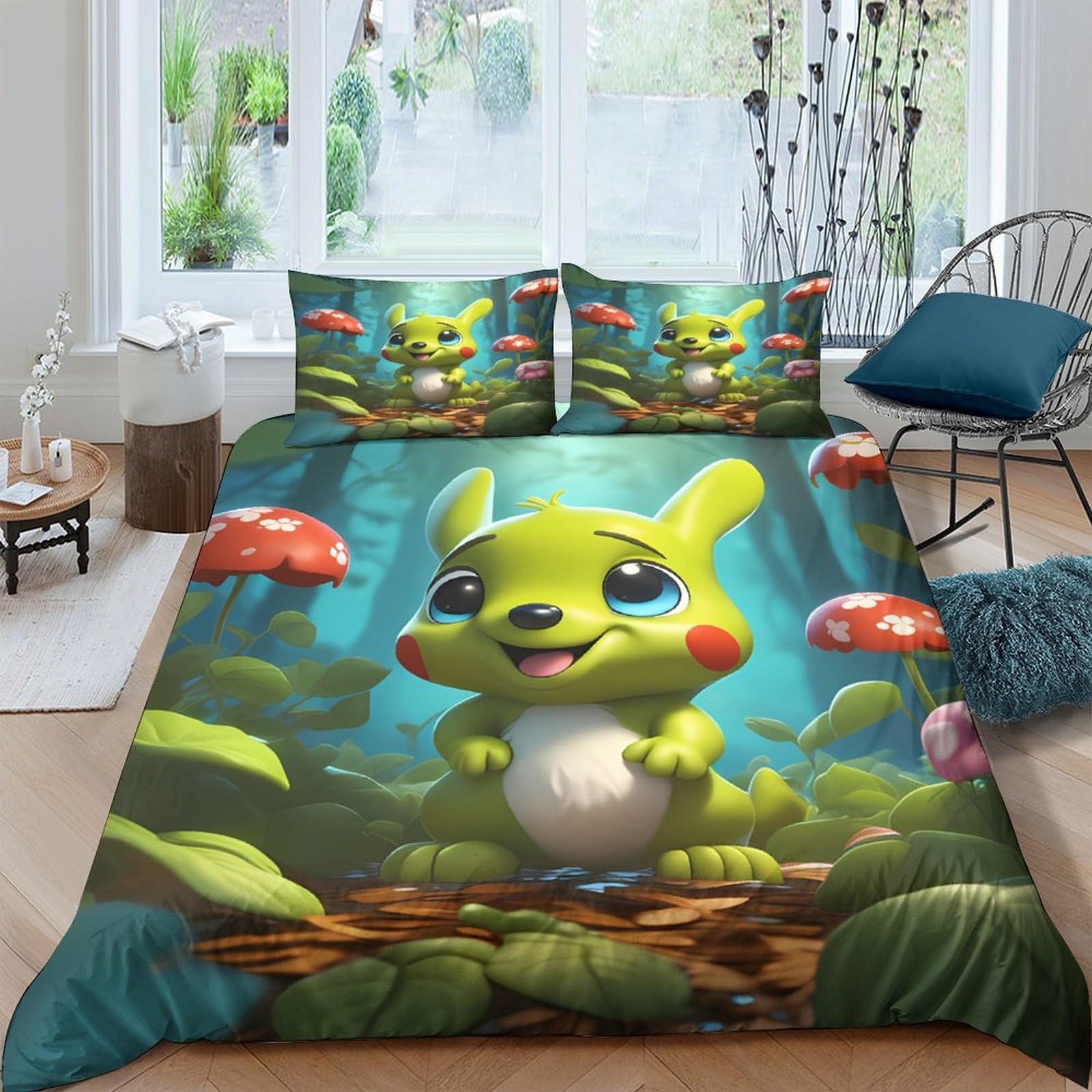 GPLZQXKJNH 3D Printed Cartoon Forest Duvet Cover Microfiber Soft Breathable Mushroom Animal Bedding Set with 2 Pillowcases for Bedroom Decor 120x200cm Single（135x200cm）