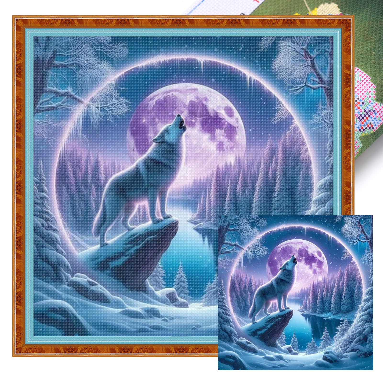 Poetrydraw Wolf Full 11Ct 3 Strands Diy Stamped Cross Stitch Kits 40X40cm Embroidery Needlepoint Starter Kits For Beginners Adults Home Wall Decor (Wolf)