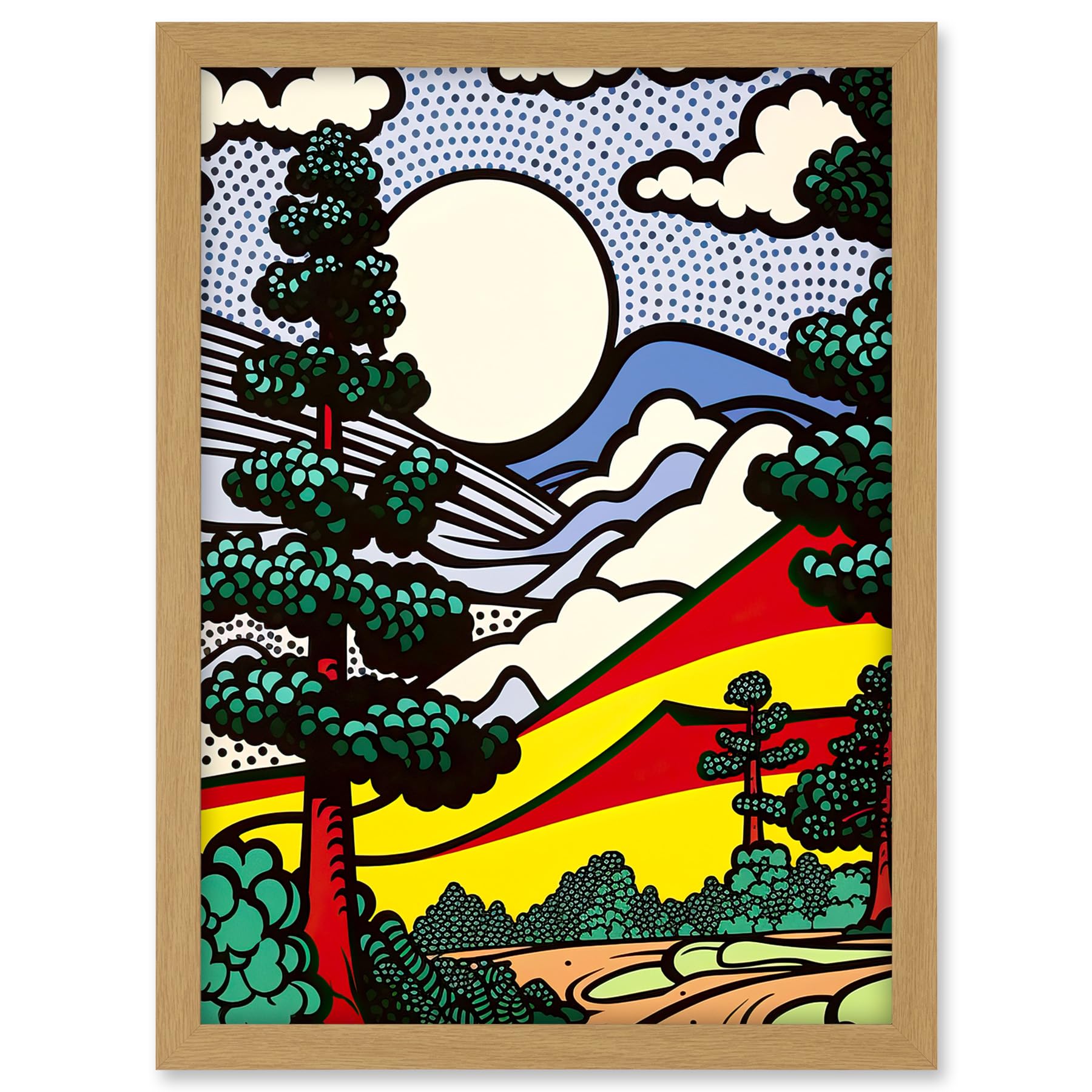 Artery8 Modern Pop Art Forest Mountain Landscape Bright Colourful Comic Book Style Halftone Artwork Framed A3 Wall Art Print