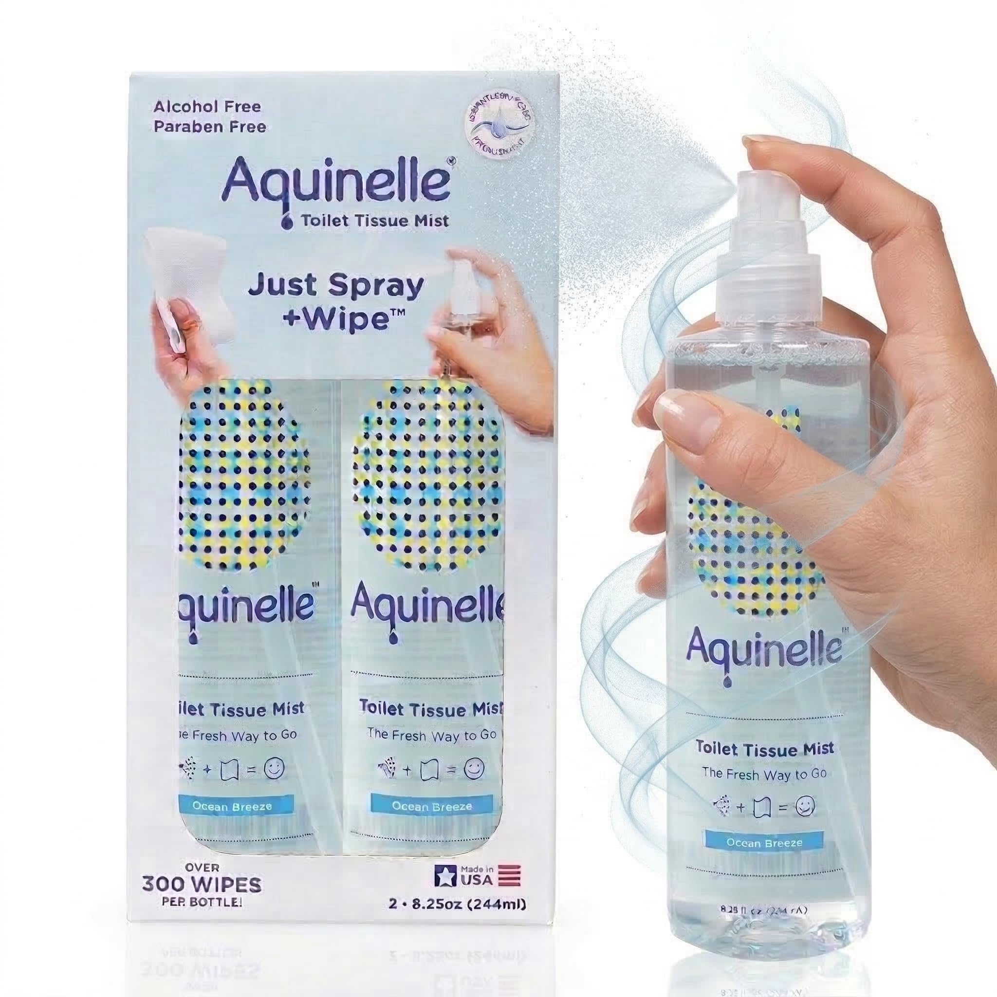 Aquinelle Toilet Tissue Mist Eco-Friendly & Non-Clogging Alternative to Flushable Wipes Simply Spray On Any Folded Toilet Paper Instant Flushable Wipes Environmentally Safe Simple To Use