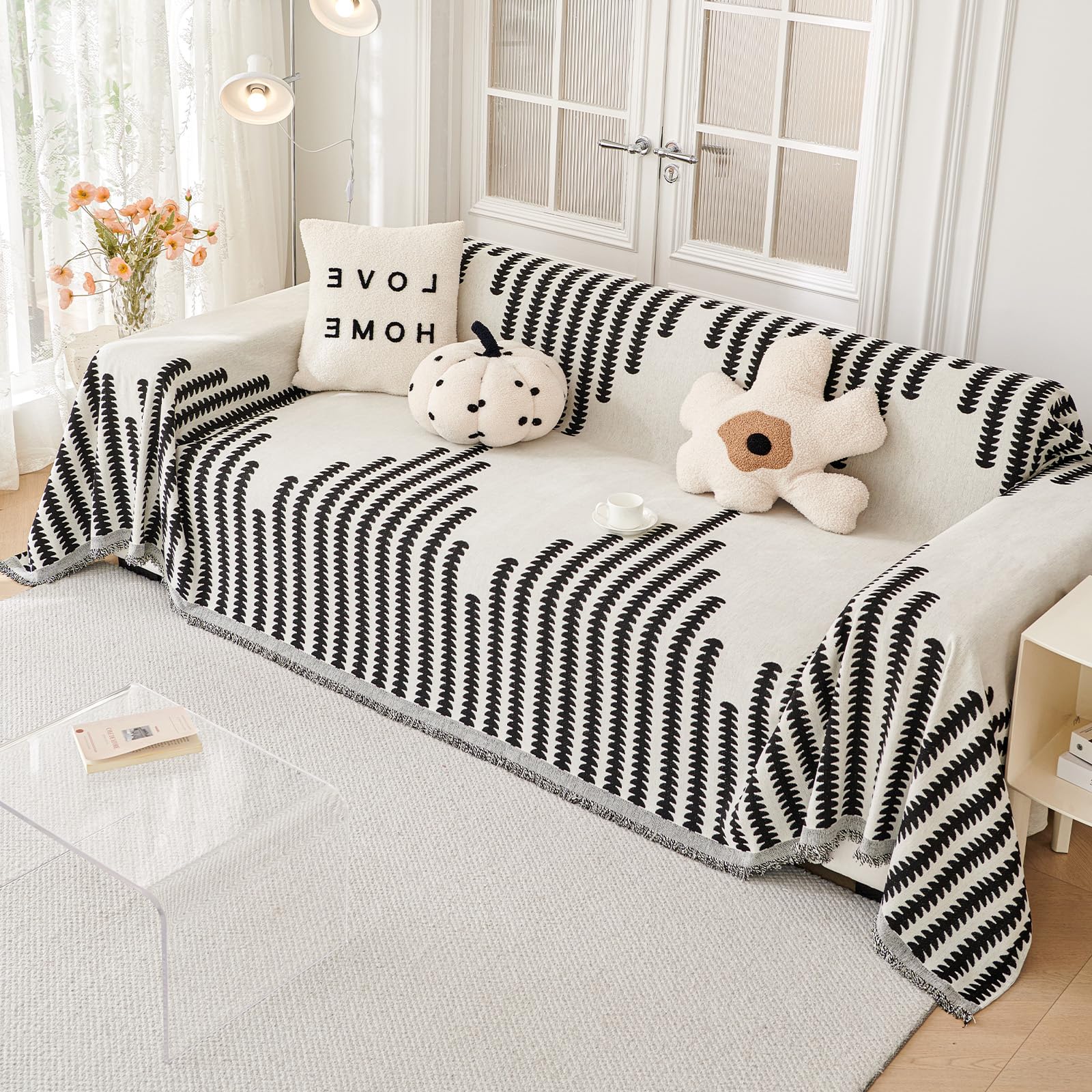 Royhom Black Sofa Cover 2 Seater, Corner Sofa Slipcovers L Shape, Washable Couch Cover with Tassel, Soft, Breathable
