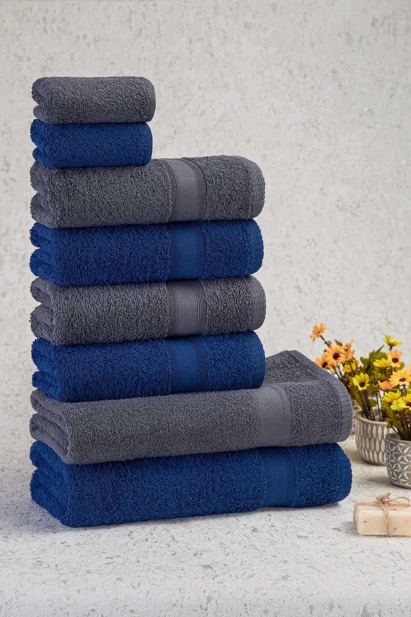 Tuiste Set Asciugamani Bagno Grigio Scuro - Blu Navy, Hotel, Cotone, 2 Telo Doccia 70x140cm + 4 Asciugamani 50x90cm + 2 Asciugamani Ospiti 30x50cm, Asciugamani Bagno Viso e Bidet, Morbidi, Assorbenti