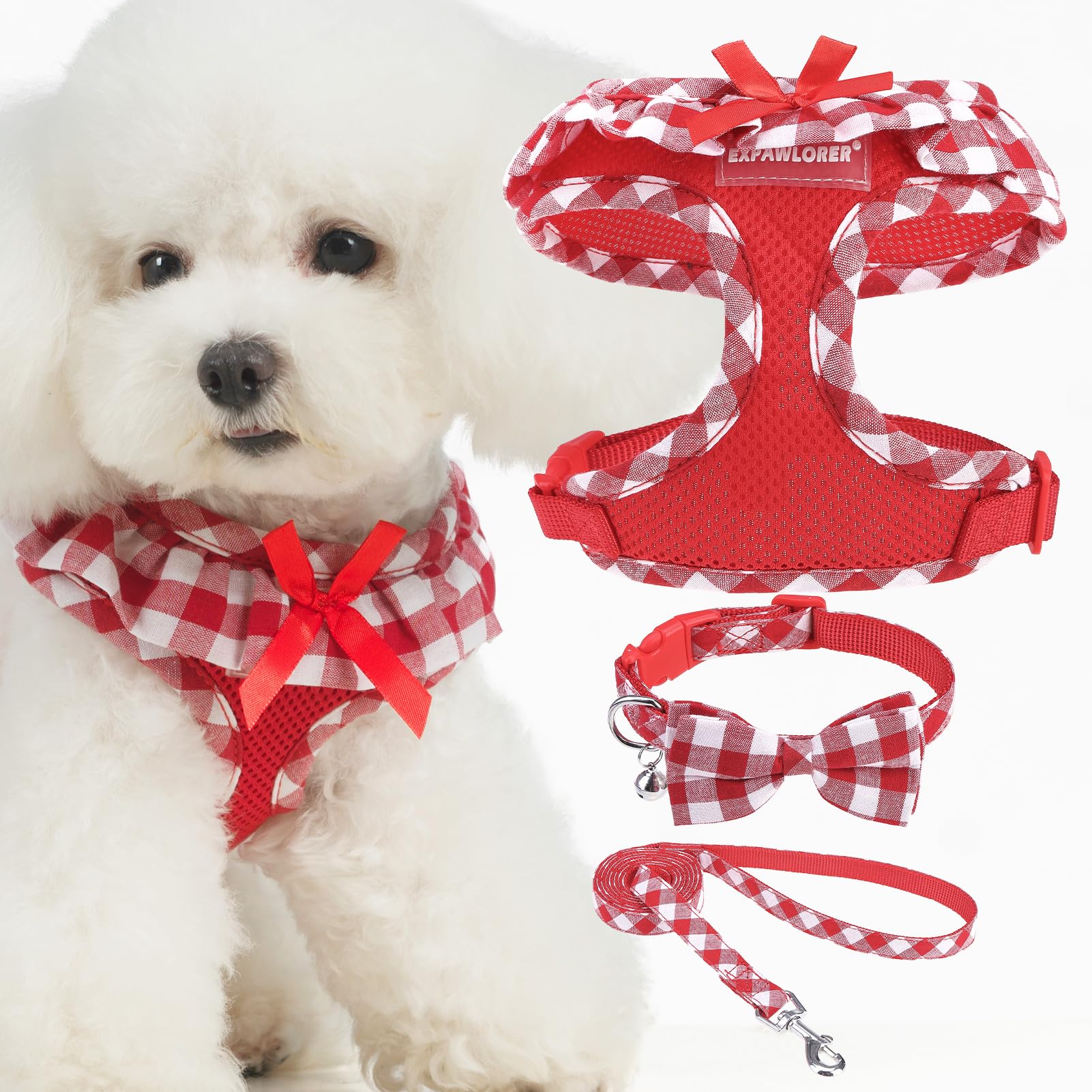EXPAWLORER Cute Dog Harness Collar Leash Set - Red Girl Dog Harness Checkered Step-in Design, Detachable Bow Pet Collar, Adjustable No-Choke Lightweight Mesh Vest for Cats Puppy Small Dogs, S — image 1