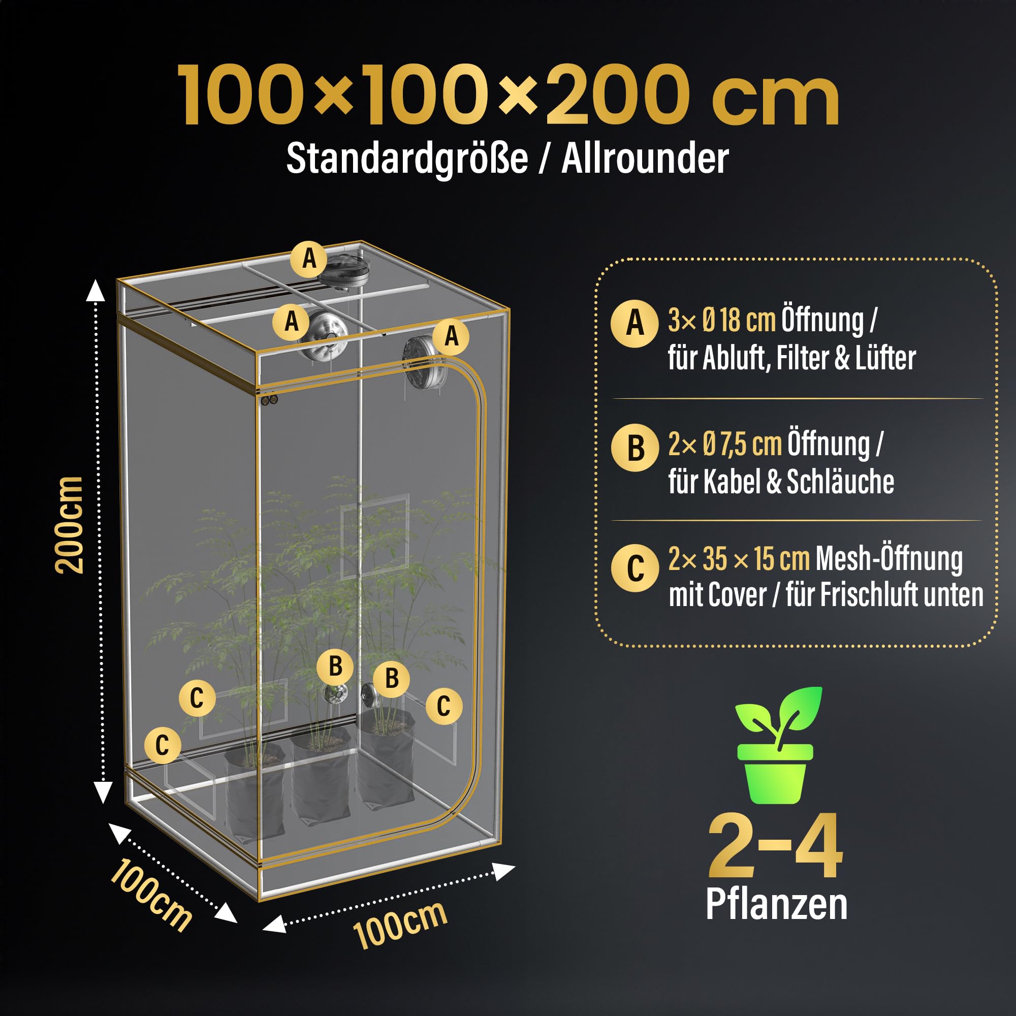 Edelweiss PRO Growzelt 100x100x200 cm, lichtdichtes Indoor-Grow-Zelt, PAR-White Innenfläche, 2000D Black-Armor, 16 mm Metallrahmen