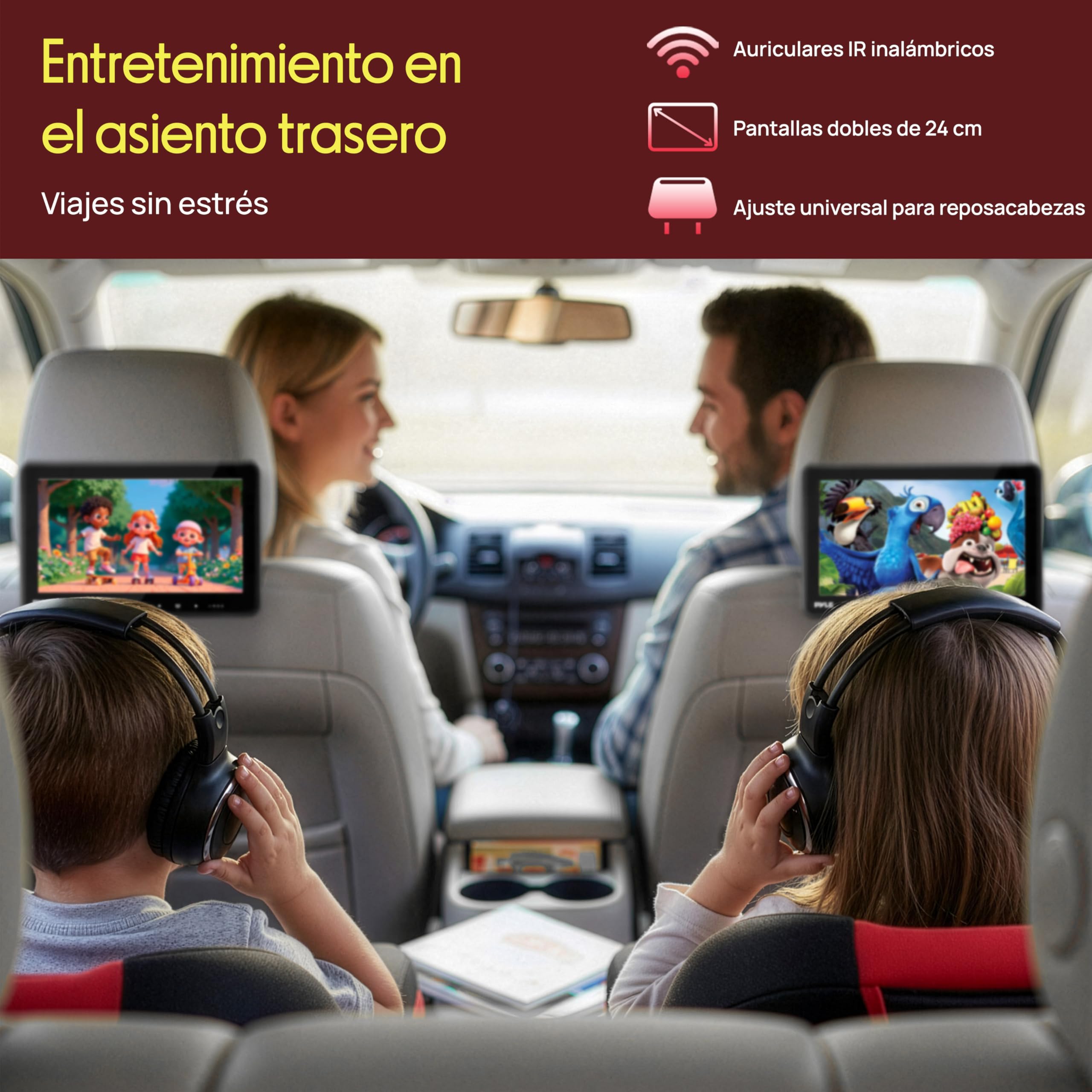 Pyle Monitores Universales para Reposacabezas de Coche 24cm, Reproductores de DVD, Transmisores IR y FM, Auriculares Inalámbricos