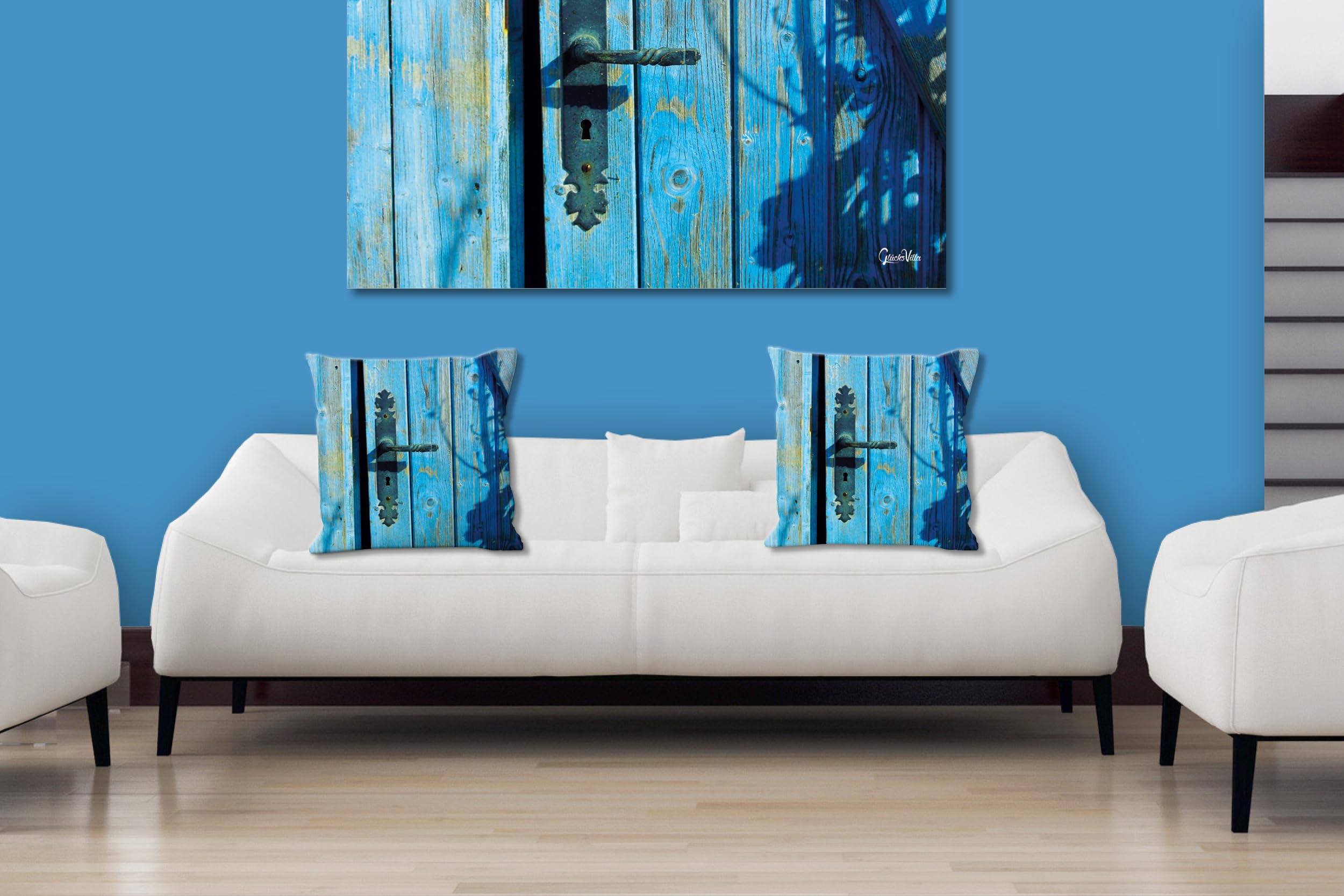 Blaue Tür - Foto-Kissen-Hülle Set (2 STK.) 40 x 40 cm | Kissen-Bezüge - passend zu Wandbild - Deko-Kissen - Fischerhütte Holz Atlantik