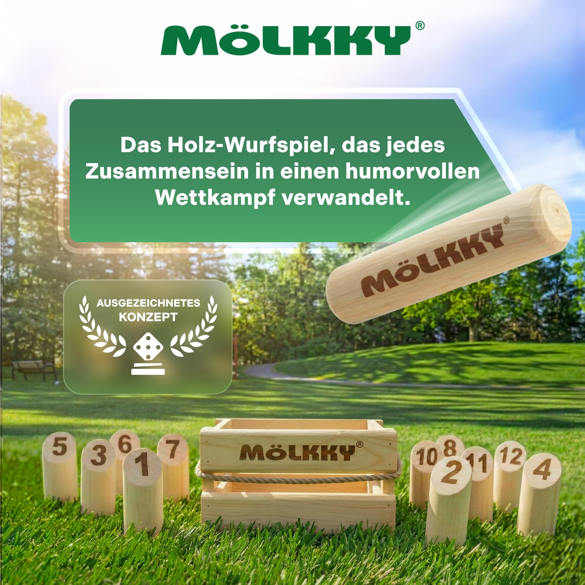 Mölkky Original - Holz Wurfspiele für Draußen, Garten, Picknick, Strand, Freizeit, Camping - Birkenholz 12 Kegel,1 Stock, Spiel Outdoor für Familie, Gruppen, 2+ Spieler, ab 6 Jahren