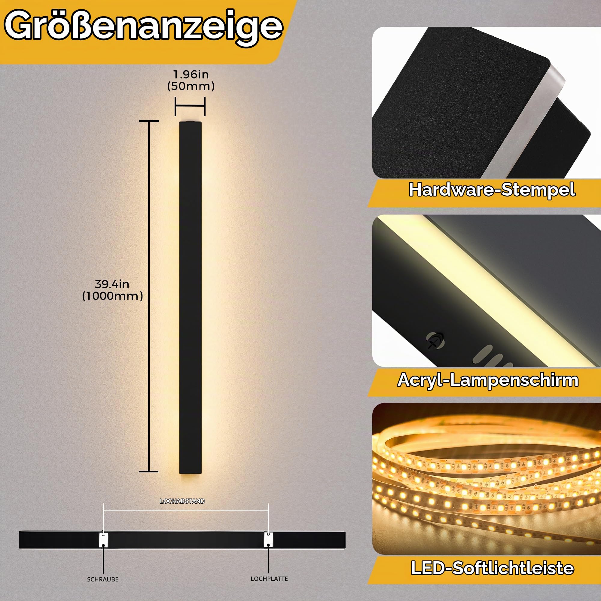 LOHAS-LED 2er-Pack lange Außenwandleuchte, wasserdicht IP65, 3 Farbtemperaturen Wandleuchte Villa schwarz Aluminium Acryl wasserdicht IP65 für Gärten, Terrassen, Schlafzimmer, Wandleuchte, 100 cm
