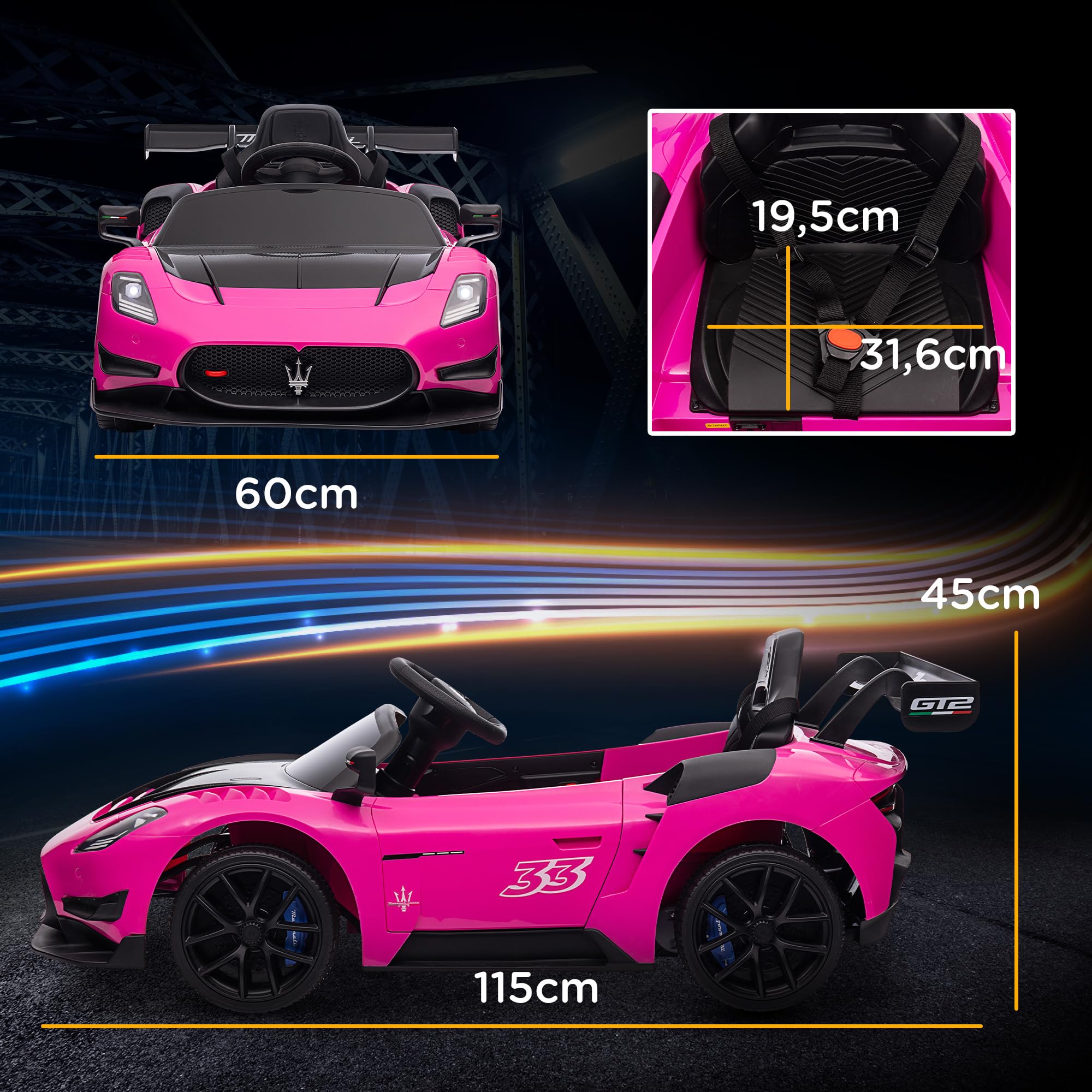 AIYAPLAY Maserati GT2 Coche Eléctrico para Niños 12V con Mando a Distancia Faros LED Rosa 115x60x45 cm