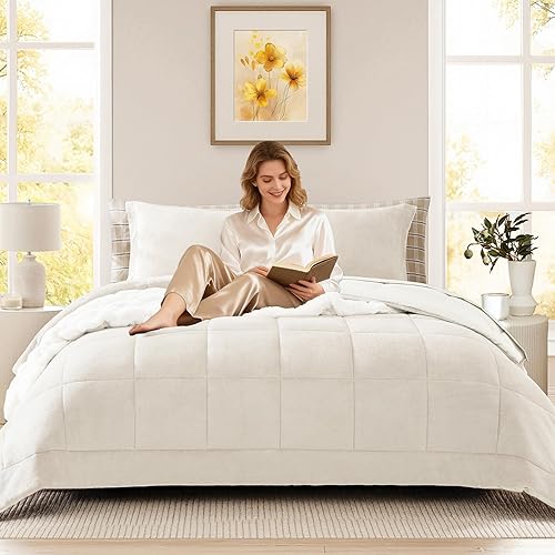 Miniatura 2 de Juego de edredón de felpa tamaño Queen, color blanco crema, juego de edredón de franela de terciopelo de 7 piezas en una bolsa, juego de ropa de