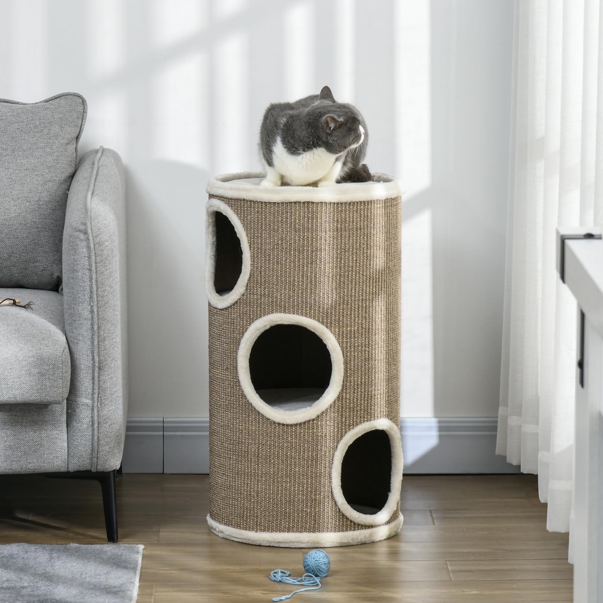 PawHut Tonneau à griffer, hauteur 70 cm, tonneau de jeu pour chats, 3 niveaux, arbre à chat avec 3 cavités, arbre à chat, tour à griffer en sisal, meuble pour chats, peluche, marron