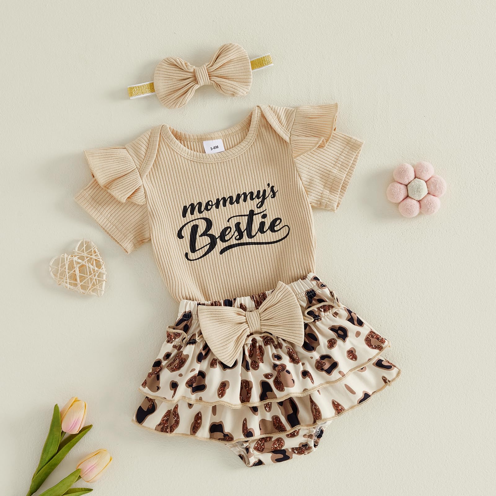 Ensemble Vêtement Bébé Fille Eté 3 Pcs Body à Manches Courtes à Volant + Jupe Short Léopard à Taille Elastique Tenues