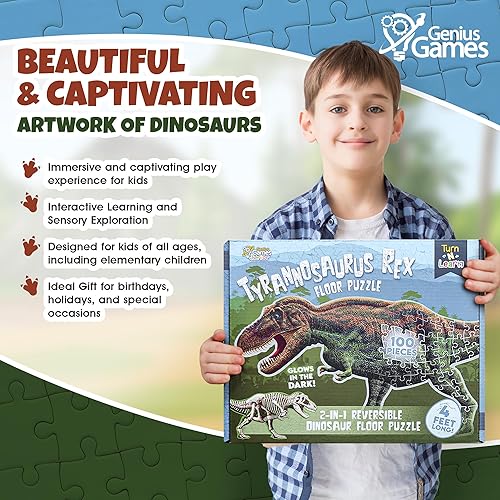 Miniatura 5 de Rompecabezas de dinosaurio Tyrannosaurus Rex Rompecabezas de piso de doble cara de 100 piezas con esqueleto que brilla en la oscuridad en el otro