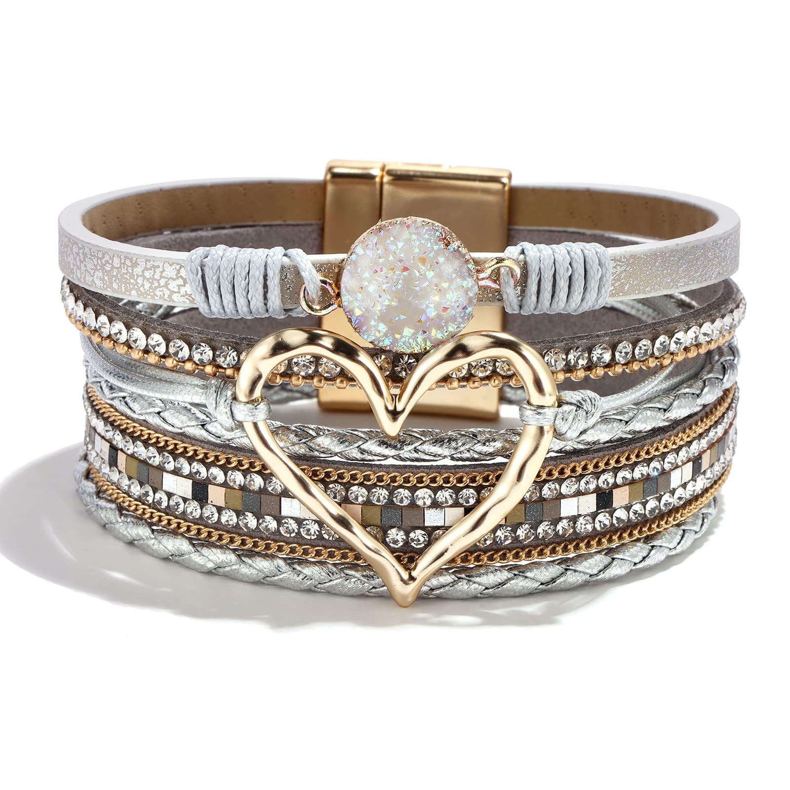 choice of all Heart Leather Bracelets for Women Chunky Warp Bracelet Western Boho Vintage Jewelry Country Concert Outfits Valentines Day Gifts