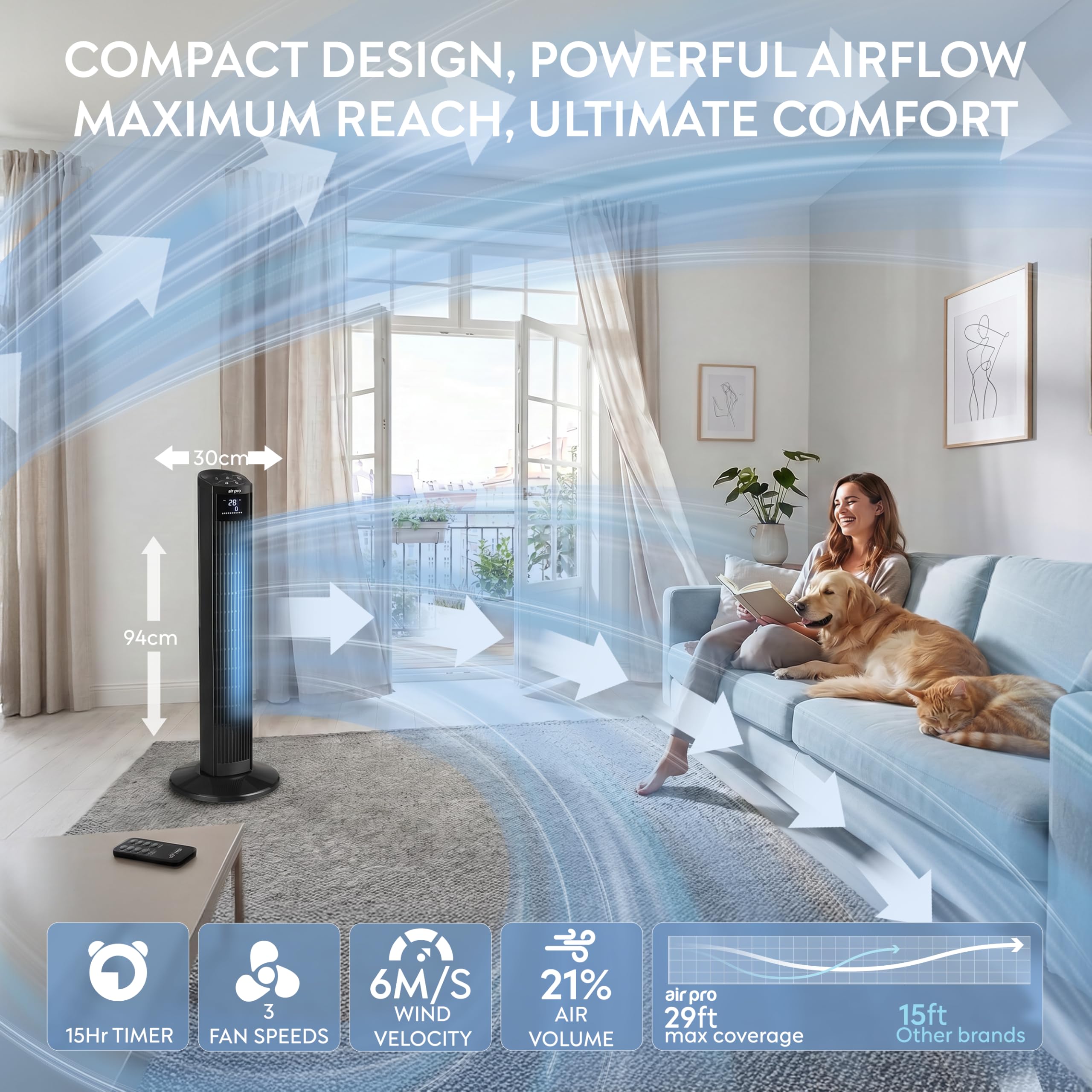 Air Pro 36" Tower Fan Oscillating Bladeless Fan with Remote Control - Tall Compact 3 Speeds Quiet 55W Motor Cooling Fan - Floor Standing Fan for Home Office - LED Display 15 Hour Timer