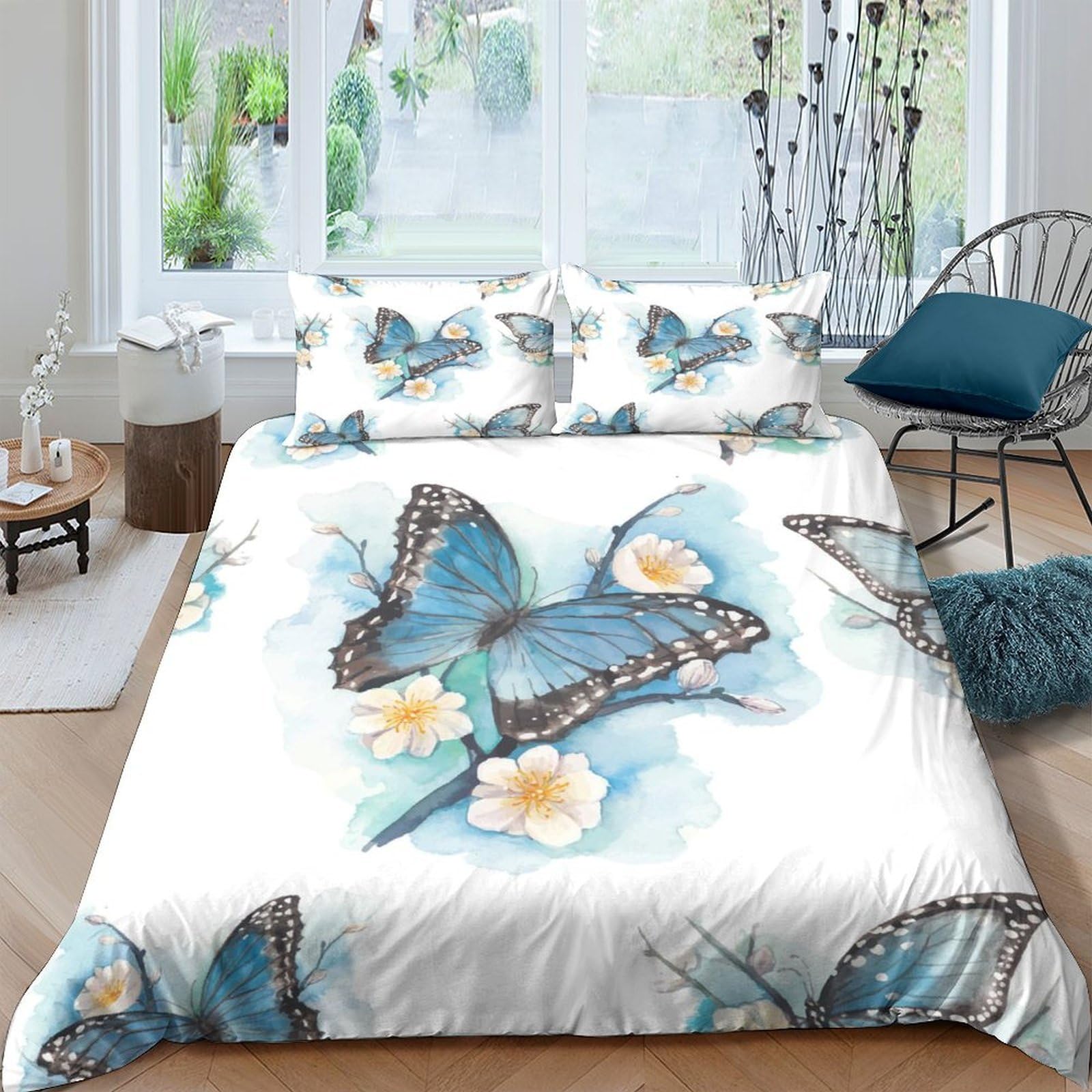 P5V6M1Q9 3D Printed Blue Butterfly Duvet Cover Microfiber Soft Floral Quilt Cover Set with 2 Pillowcases for Bedroom Decor Single（135x200cm）