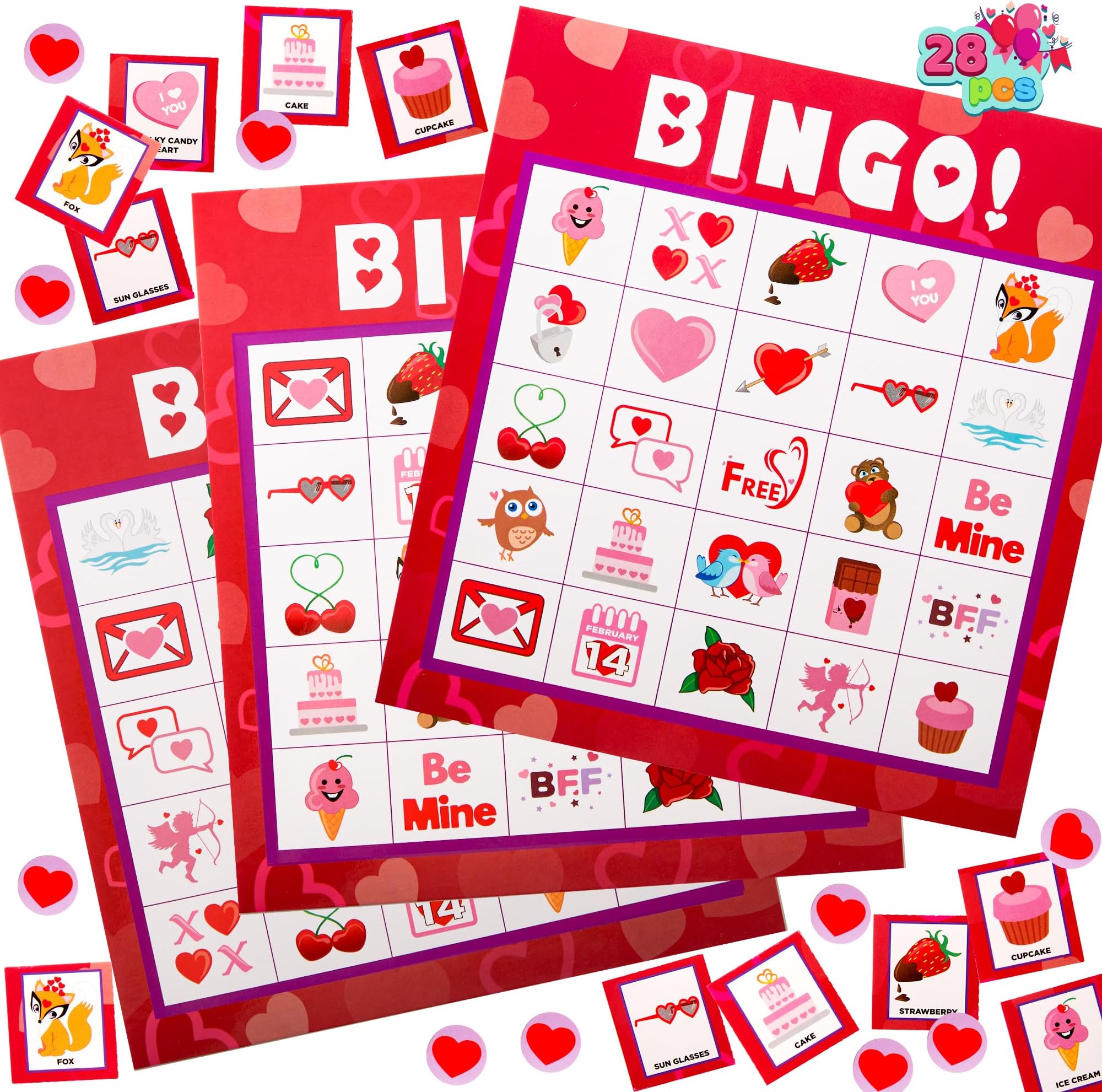 JOYIN Valentines Day Bingo Game Cards (5x5) – 28 Players for Kids Party Gift, School Classroom Love Supplies, Family Entertainment Activities