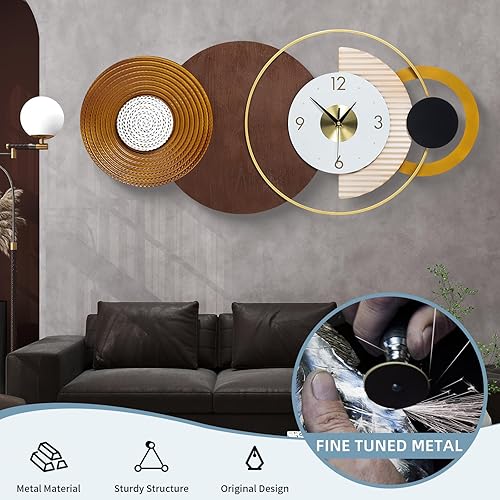 Miniatura 7 de Reloj moderno de mediados de siglo, grande, decorativo, funciona con pilas, para sala de estar, reloj de pared marrón de metal silencioso, relojes