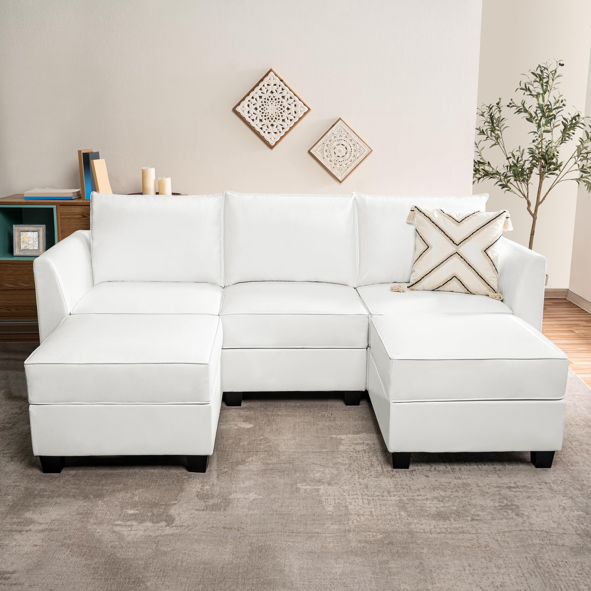 Naomi Home Modular Reversible U-Shaped Sectional Sofa with Double Chaise and Ottomans, Elizabeth Air Leather Couch with Storage Seats, White